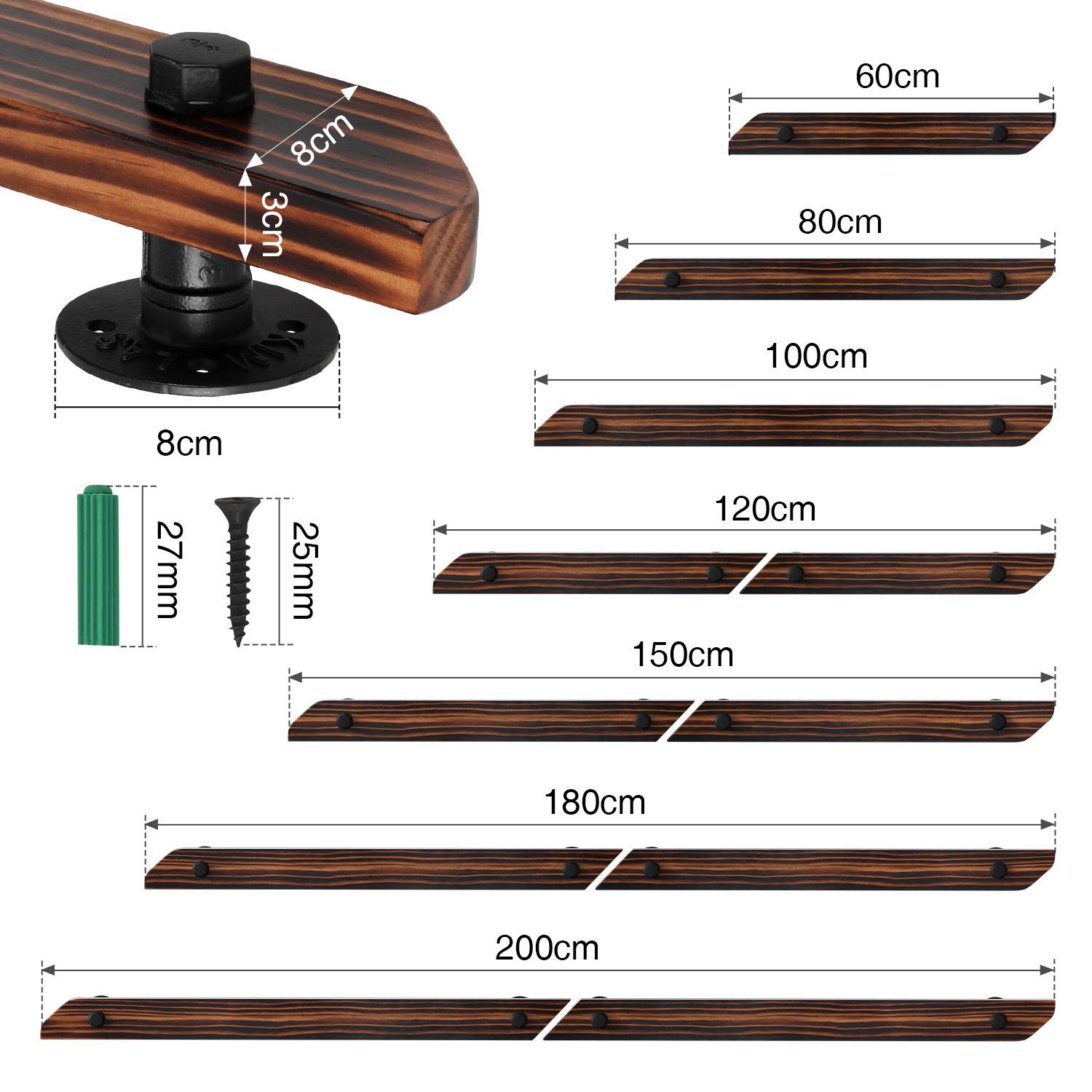 Wandhandlauf aus Kiefernholz 100 cm, braun mit Holzmaserung, Treppenhandlauf mit Eisenhalter, horizontal vertikal schräg montierbar