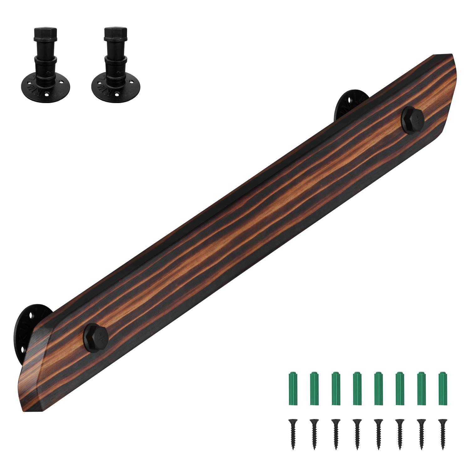 Wandhandlauf aus Kiefernholz 80 cm, braun mit Holzmaserung, Treppenhandlauf mit Eisenhalter, horizontal vertikal schräg montierbar