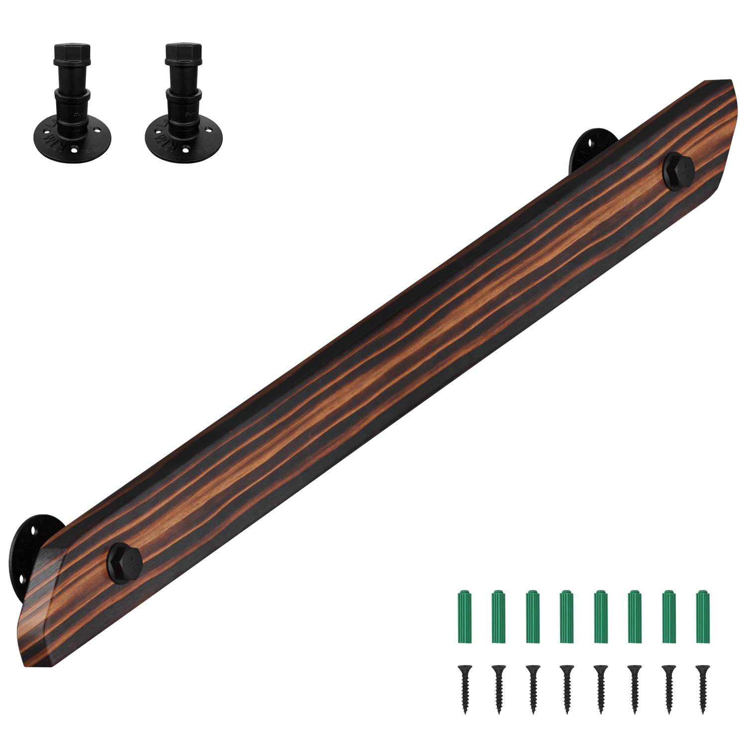 Wandhandlauf aus Kiefernholz 100 cm, braun mit Holzmaserung, Treppenhandlauf mit Eisenhalter, horizontal vertikal schräg montierbar