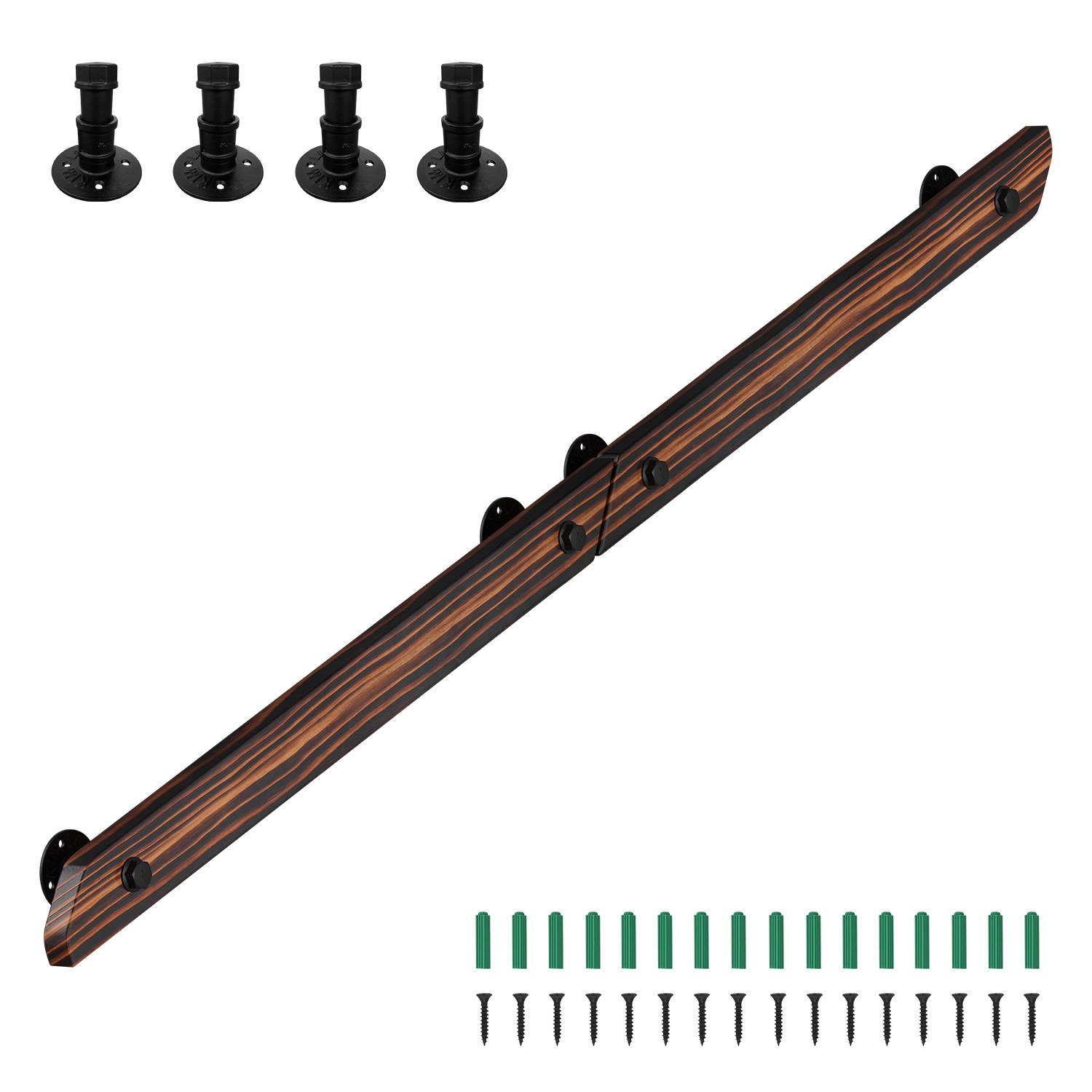 Wandhandlauf aus Kiefernholz 180 cm, verbindbare Ausführung zu einem Handlauf, braun mit Holzmaserung, mit Eisenhalter