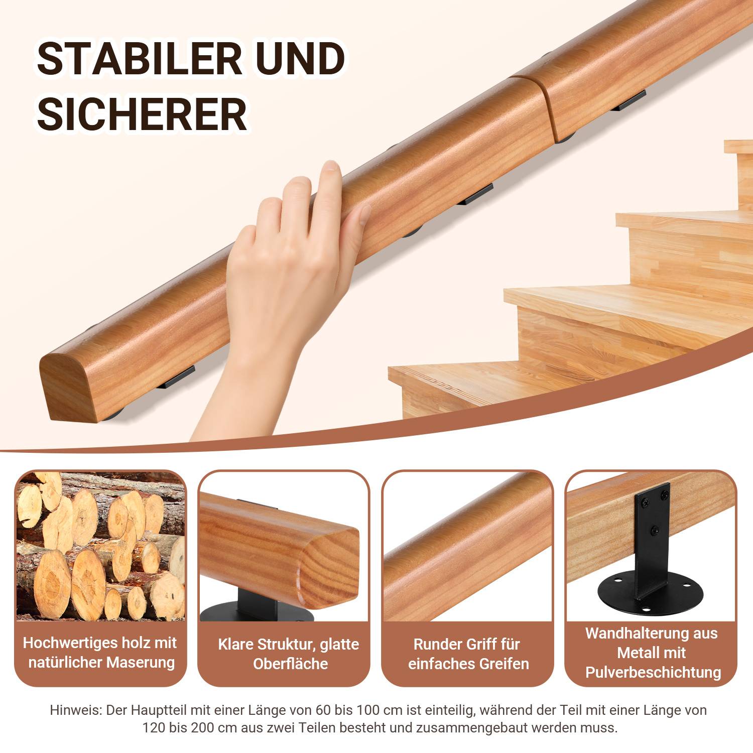 Wandhandlauf Kiefernholz 150 cm, Ø5 cm, verbindbar zu einem Handlauf, rutschhemmender Treppenhandlauf für Flur Bad