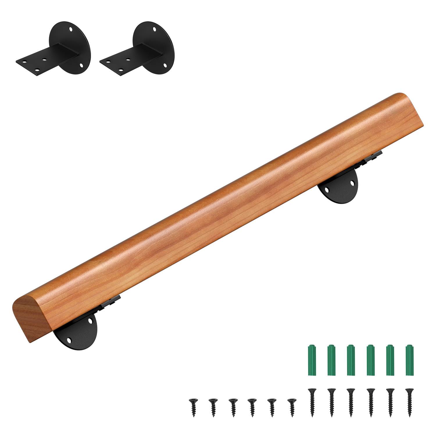 Wandhandlauf aus massivem Kiefernholz 80 cm, Ø5 cm, rutschhemmender Holzhandlauf für Treppe Flur Bad, inkl. Montagezubehör