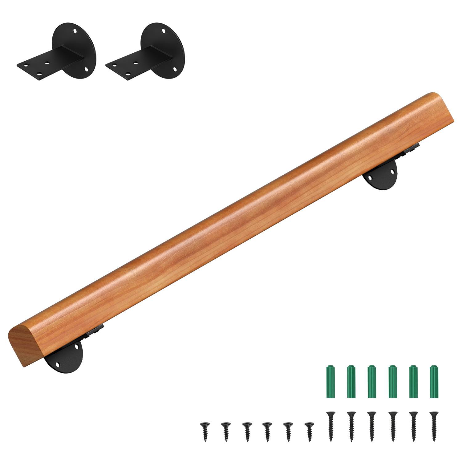 Wandhandlauf aus massivem Kiefernholz 100 cm, Ø5 cm, rutschhemmender Holzhandlauf für Treppe Flur Bad, inkl. Montagezubehör