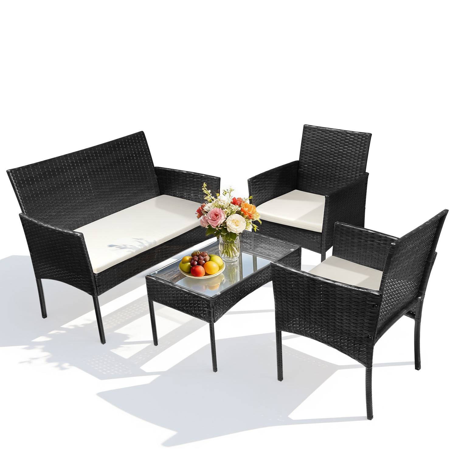 Gartenmöbel Set 4-teilig Polyrattan Sitzgruppe mit 2 Sesseln, 2-Sitzer Sofa und Glastisch, Schwarz