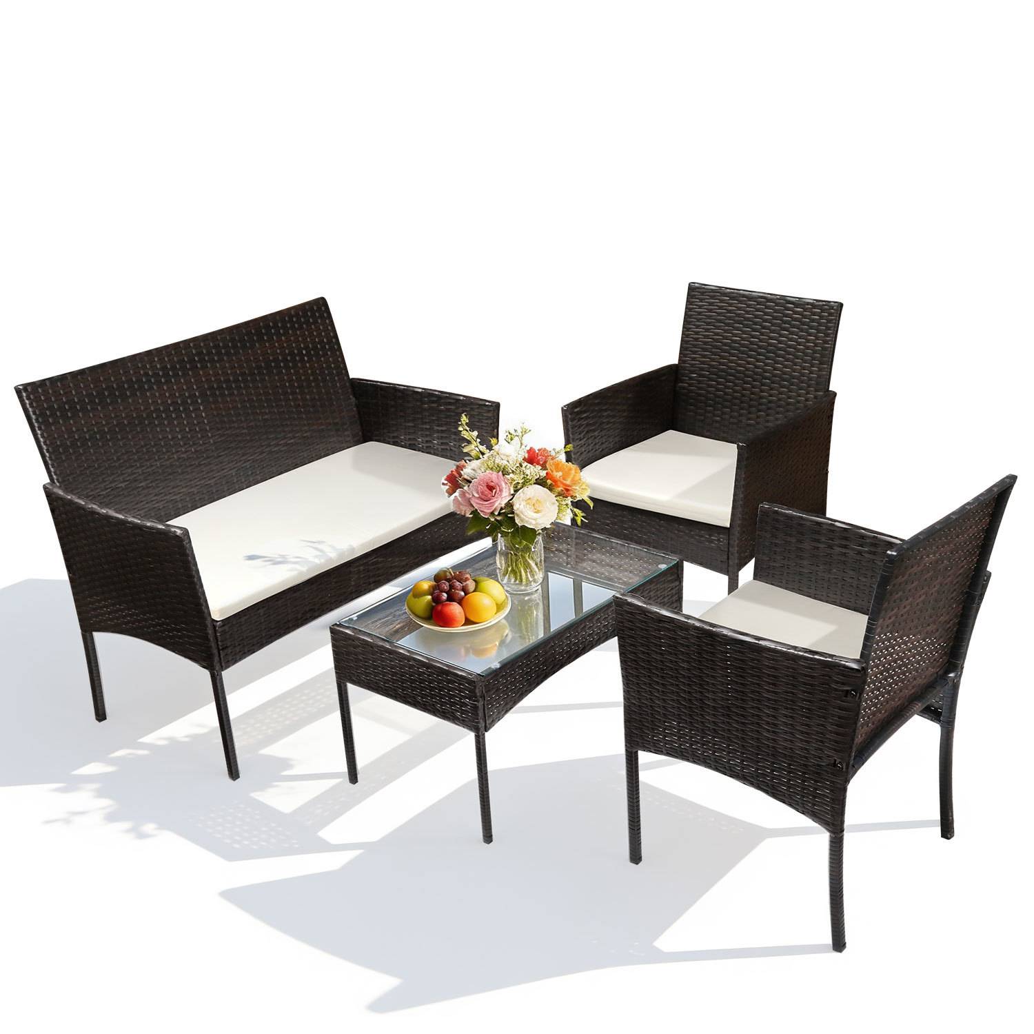 Gartenmöbel Set 4-teilig Polyrattan Sitzgruppe mit 2 Sesseln, 2-Sitzer Sofa und Glastisch, Braun