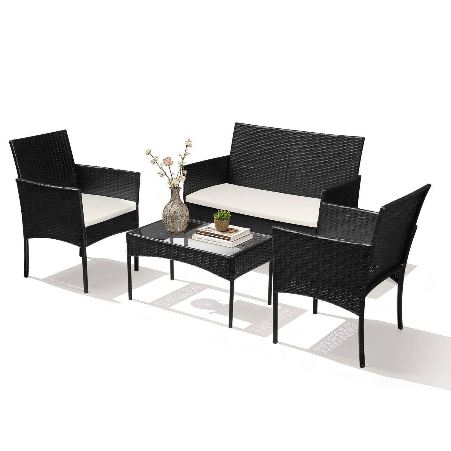 Polyrattan Garten Sitzgruppe 4-teilig mit Sofa, 2 Stühlen, Glastisch und Sitzkissen für Balkon Terrasse Schwarz