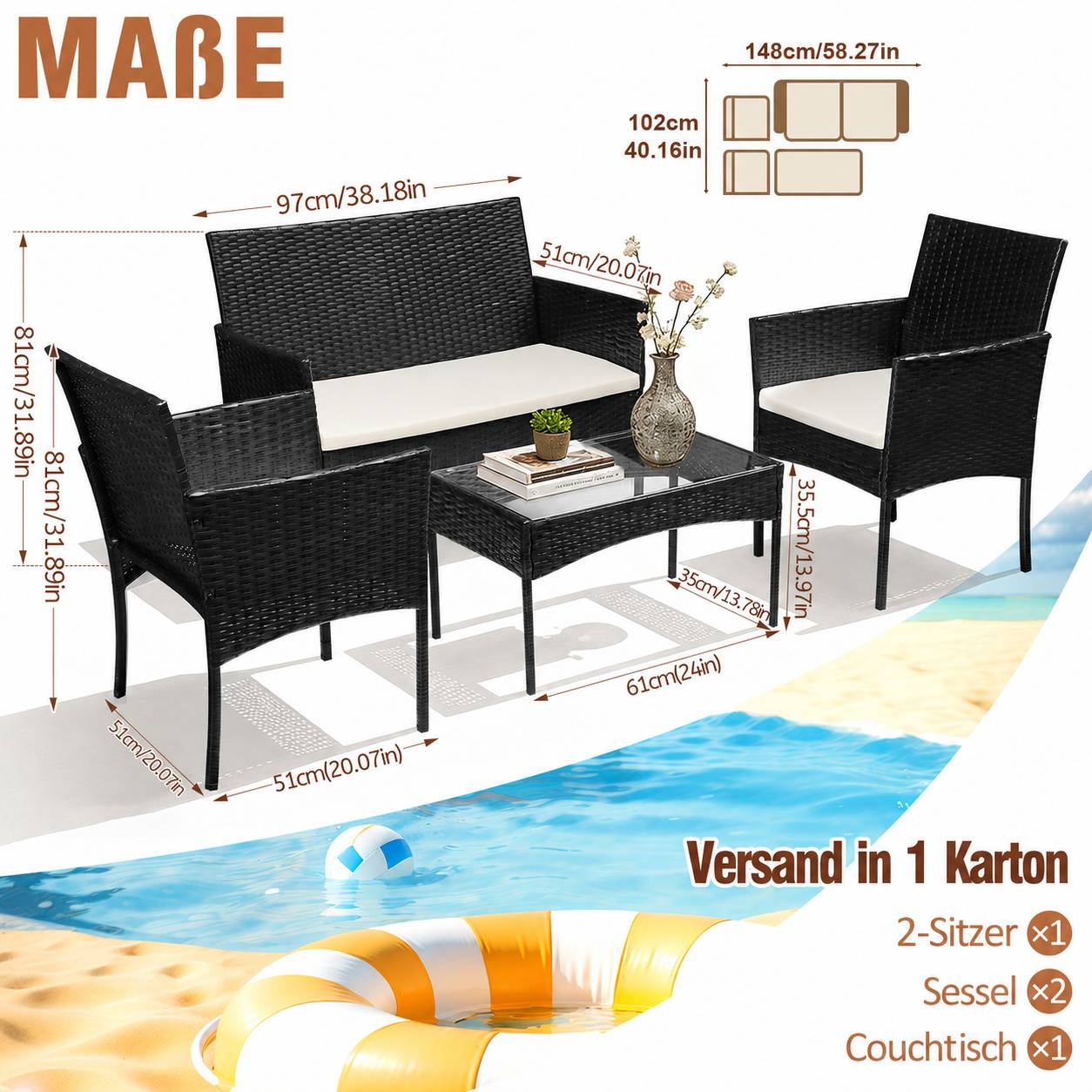 Polyrattan Garten Sitzgruppe 4-teilig mit Sofa, 2 Stühlen, Glastisch und Sitzkissen für Balkon Terrasse Schwarz