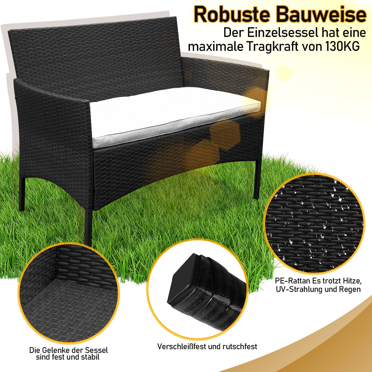 Polyrattan Garten Sitzgruppe 4-teilig mit Sofa, 2 Stühlen, Glastisch und Sitzkissen für Balkon Terrasse Schwarz