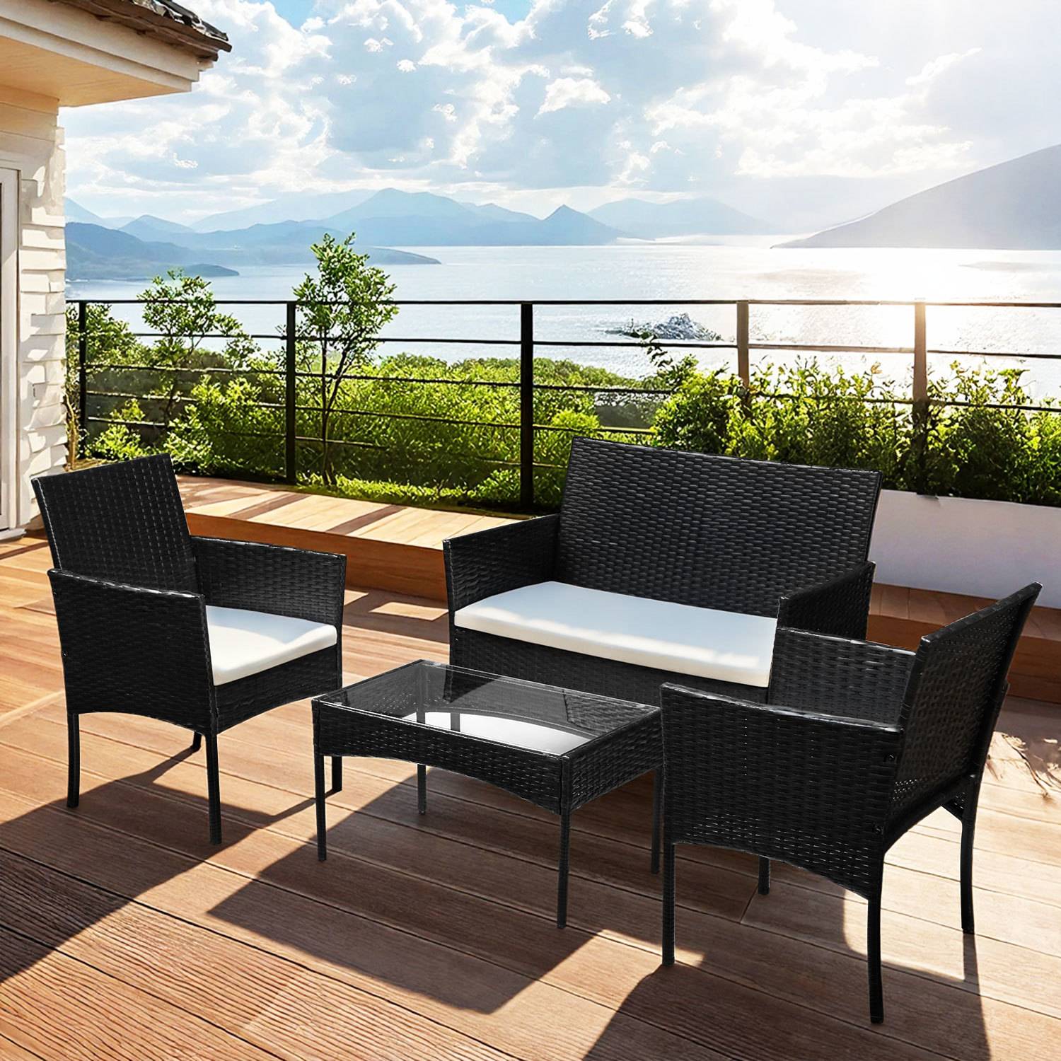 Polyrattan Garten Sitzgruppe 4-teilig mit Sofa, 2 Stühlen, Glastisch und Sitzkissen für Balkon Terrasse Schwarz