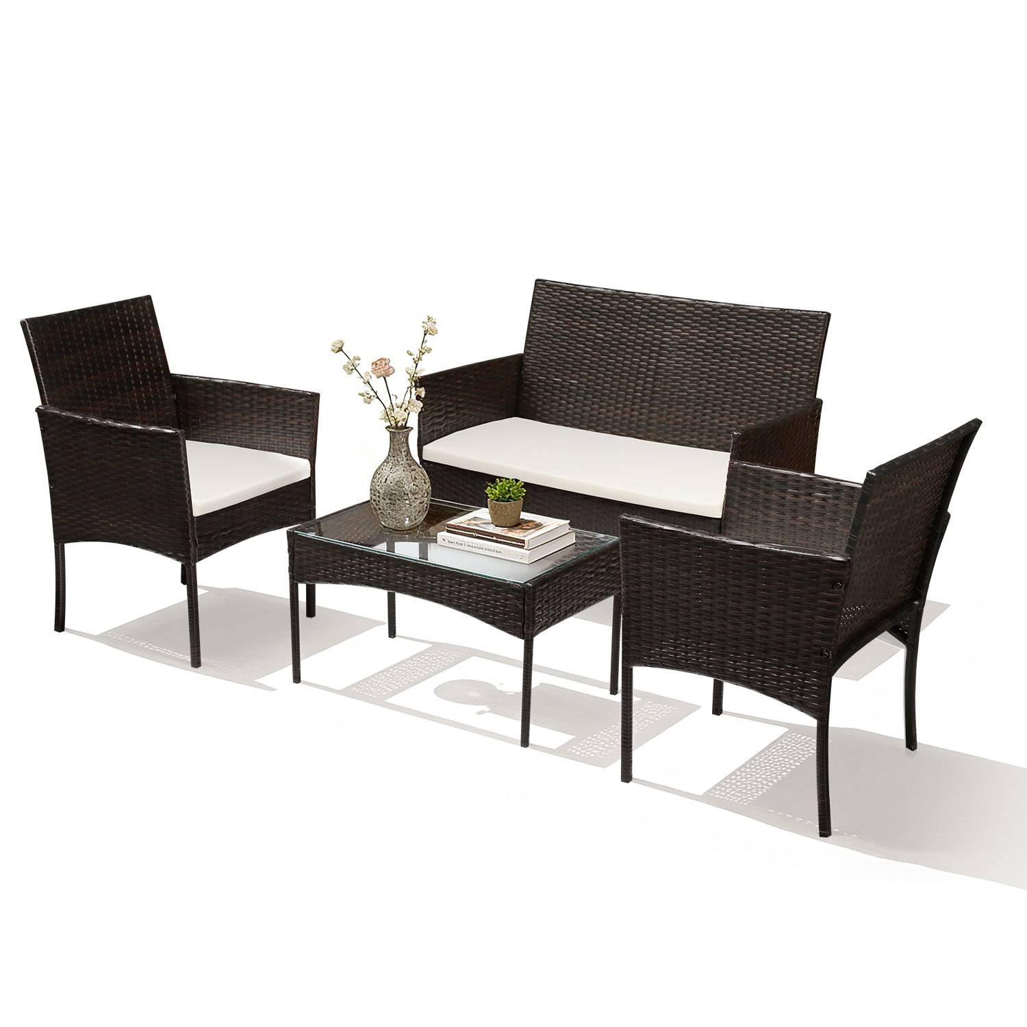Rattan Gartenmöbel Set mit 2 Sesseln, Sofa, Tisch und Kissen, Braun