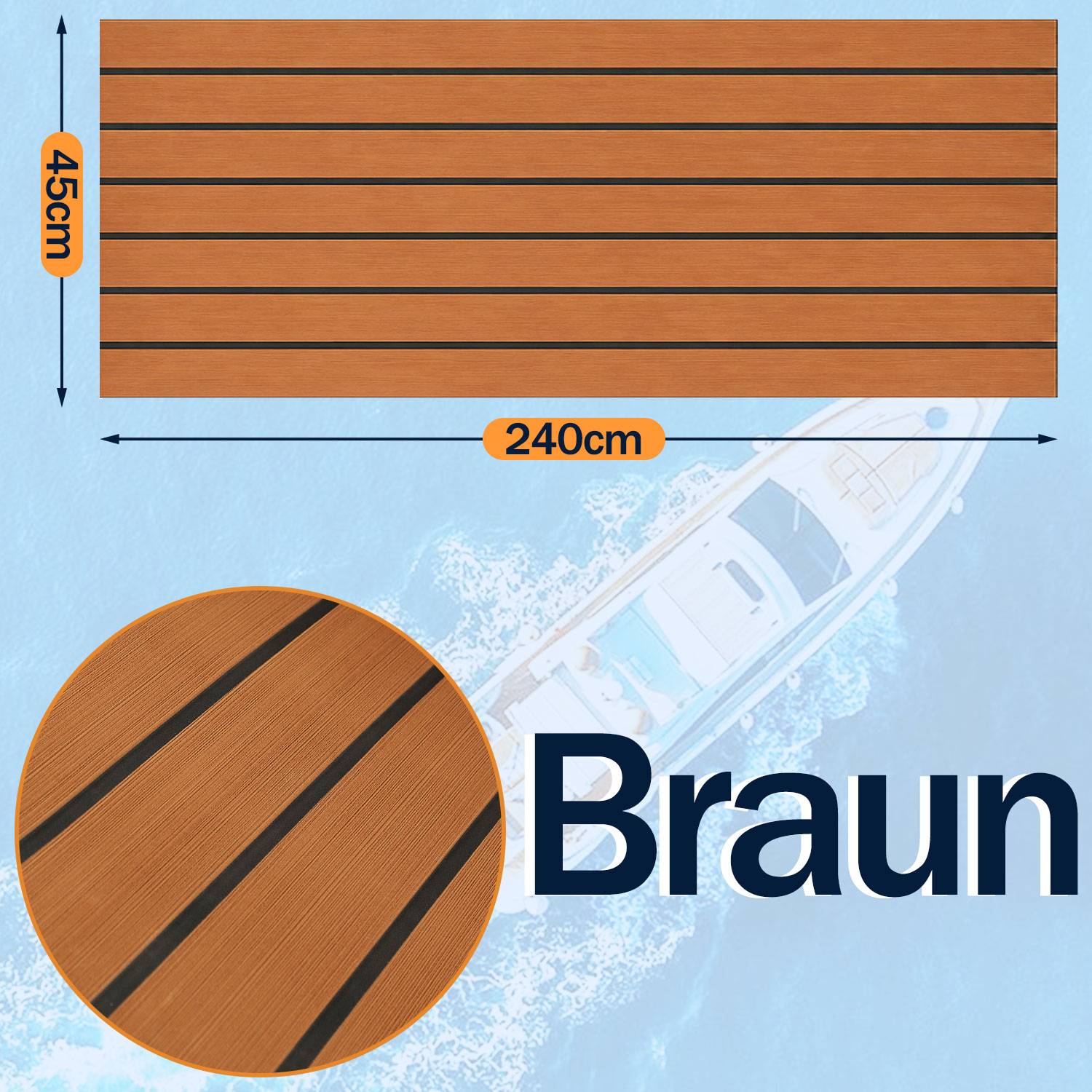 Bodenbelag Matte Rutschfest Deck Teppich Teak EVA Schaum Yacht Bodenmatte Selbstklebend Fußboden Deck Matte Braun 240x45cm