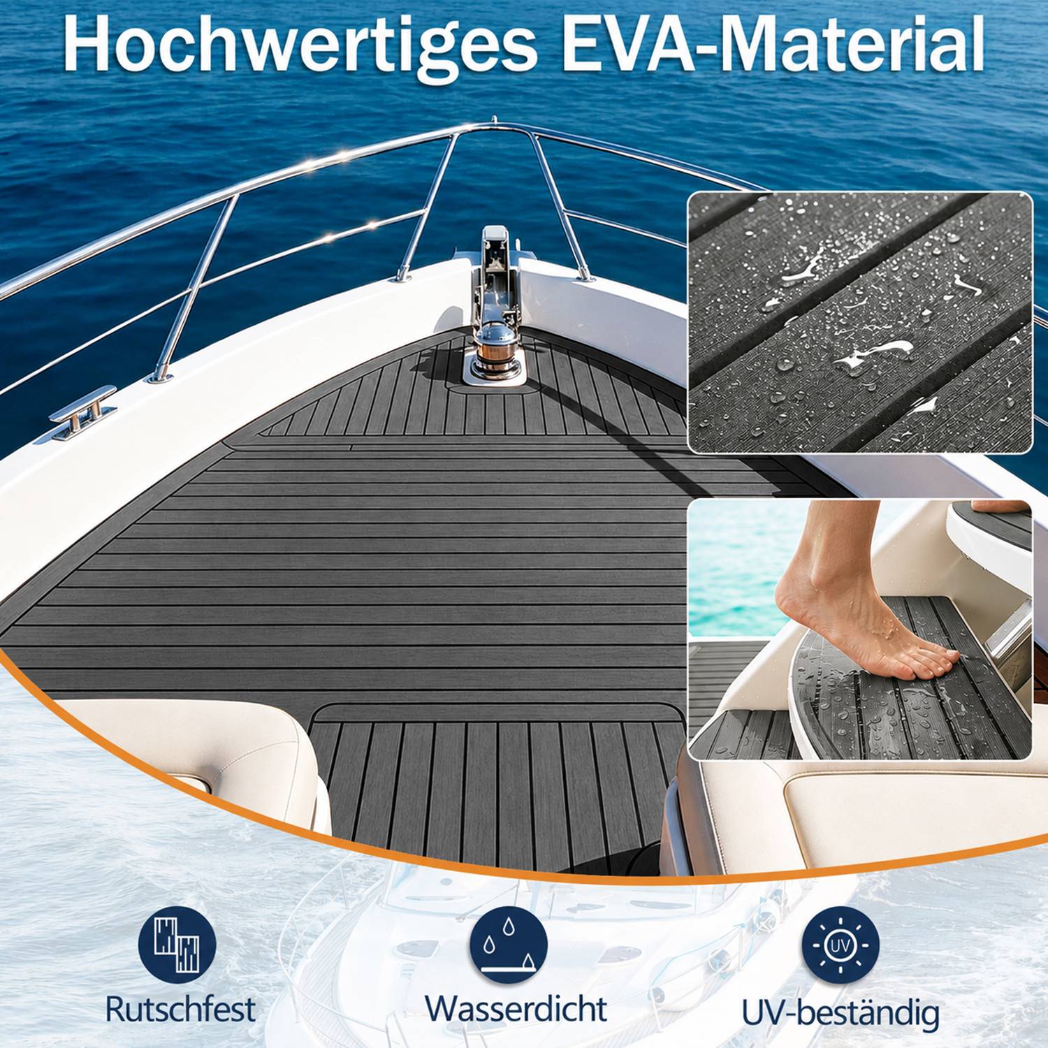 Bodenbelag Matte Rutschfest Deck Teppich Teak EVA Schaum Yacht Bodenmatte Selbstklebend Fußboden Deck Matte Dunkelgrau 240x45cm