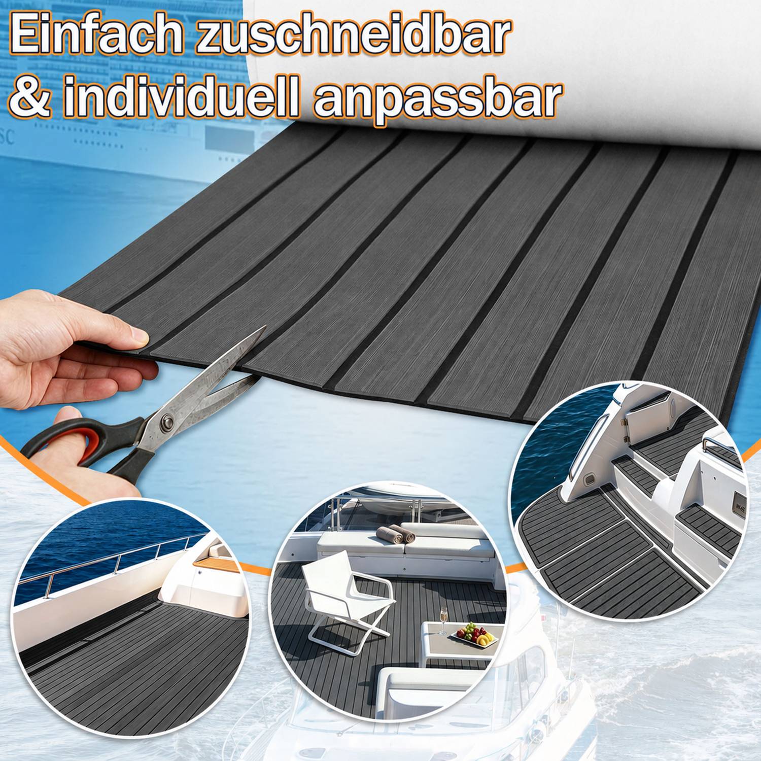 Bodenbelag Matte Rutschfest Deck Teppich Teak EVA Schaum Yacht Bodenmatte Selbstklebend Fußboden Deck Matte Dunkelgrau 240x45cm