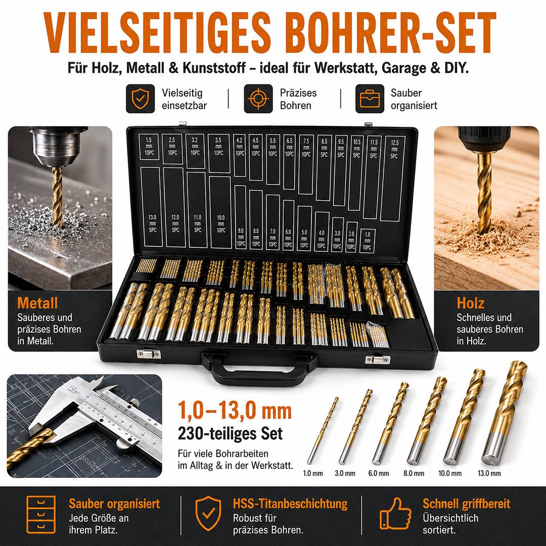 Bohrer Set 230 Tlg HSS Spiralbohrer Metallbohrer Holzbohrer mit TiN Beschichtung und Sortiertem Koffer für Werkstatt in Sortierbox