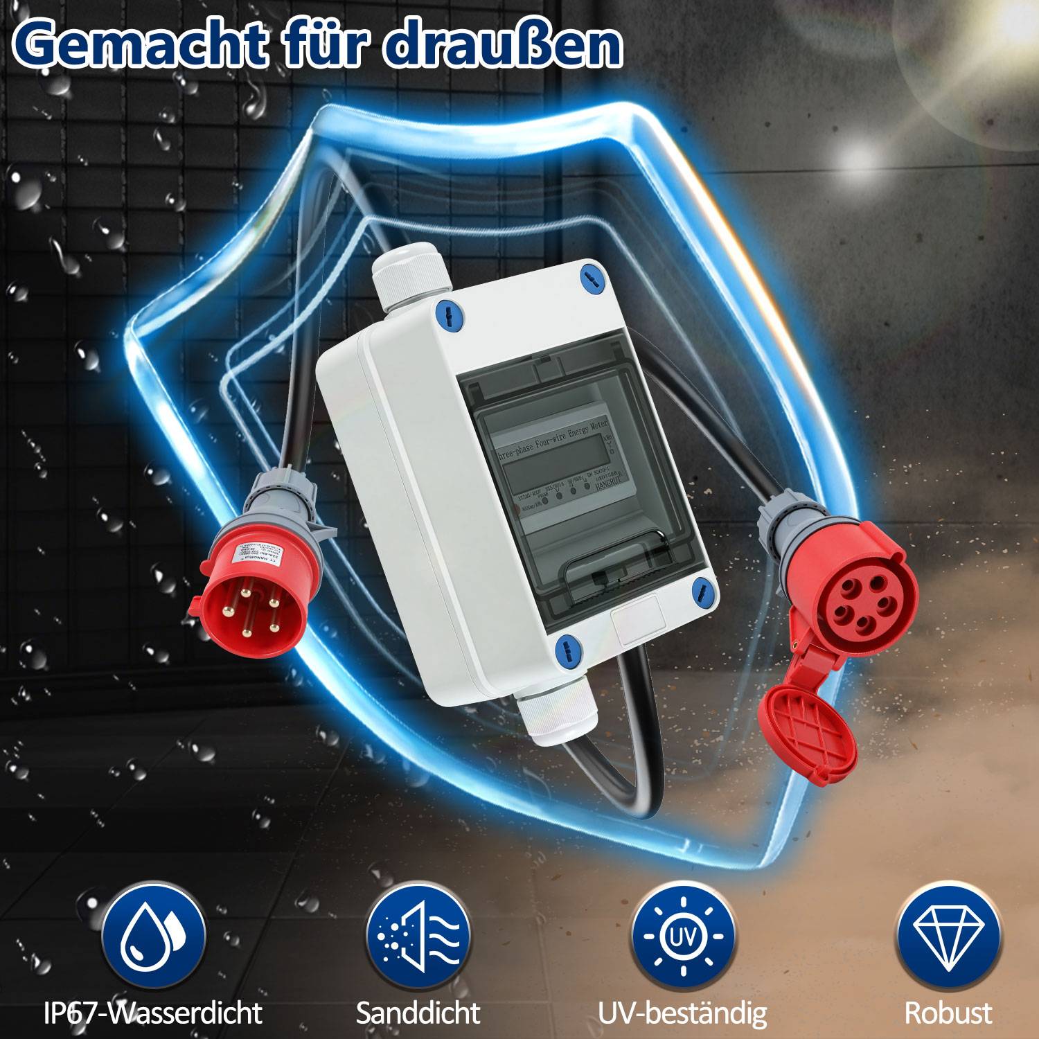 Mobiler Digitaler Stromzähler 32A 400V CEE 5P Zwischenzähler IP66