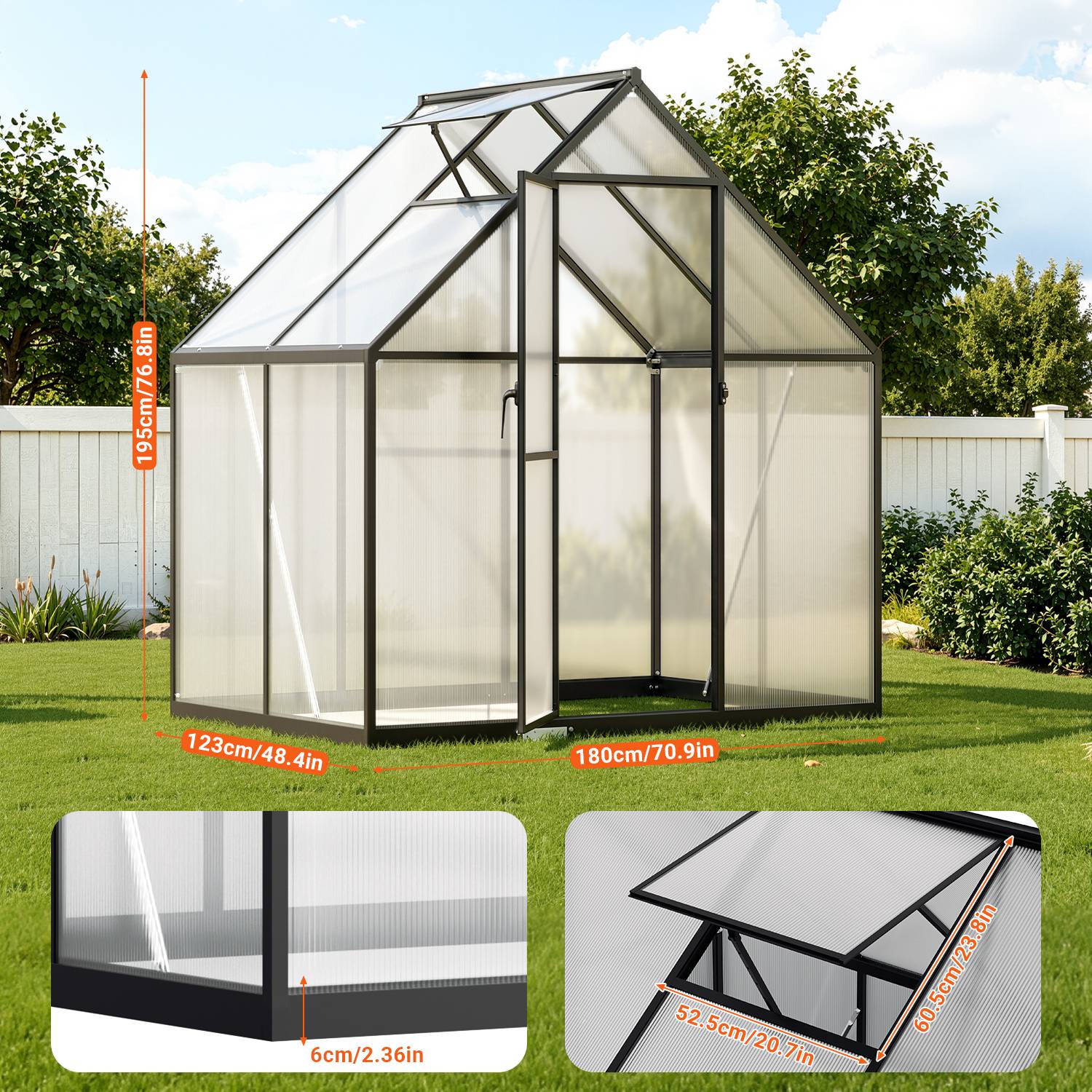 Gewächshaus, Wintergarten aus Aluminium, schwarzer Rahmen mit 4 mm starken Lichtplatten, Maße: 123 x 180 x 195 cm