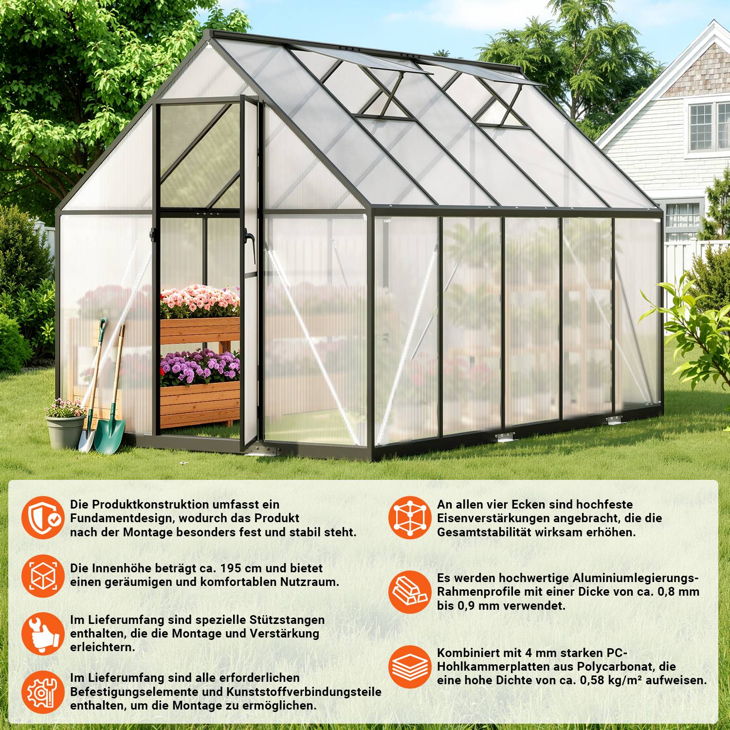 Gewächshaus, schwarzer Wintergarten aus Aluminiumlegierung, mit CE-Zertifizierung, Maße: 280 × 170 × 195 cm