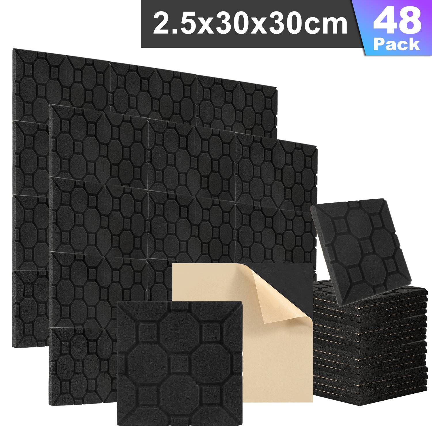 48 Stück Akustikschaumstoff Akustikschaum Matten 30 x 30 x 2.5cm Schalldämmmatten zur effektiven Schaumstoff Fliesen Würfelprofil Schwarz