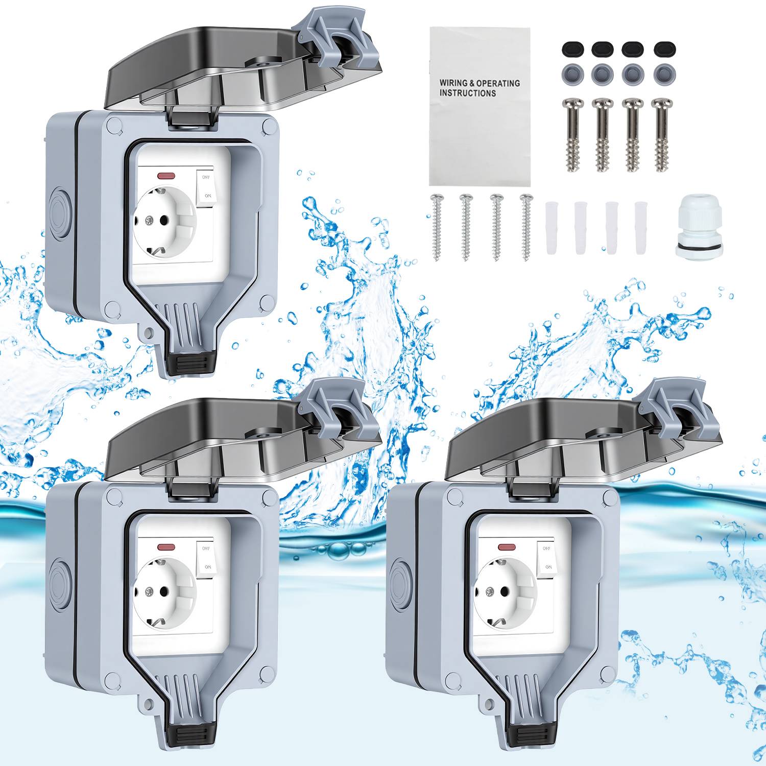 Außensteckdose 3X Wandsteckdosen Gartensteckdose Outdoor Wasserdicht Steckdose Steckdose mit Schalter Aufputz 16A IP65