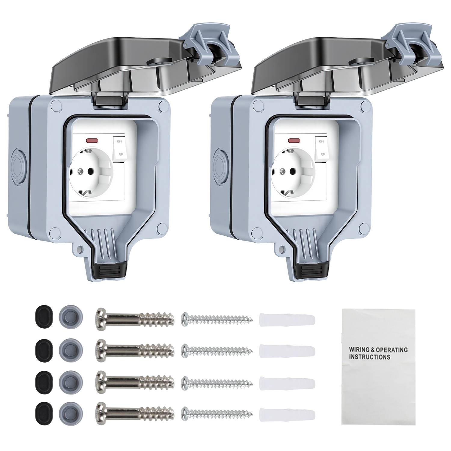 2X Außensteckdose Outdoor Steckdose Aufputz Wandsteckdose Gartensteckdose Schuko Wasserdicht mit Schalter 16A IP65