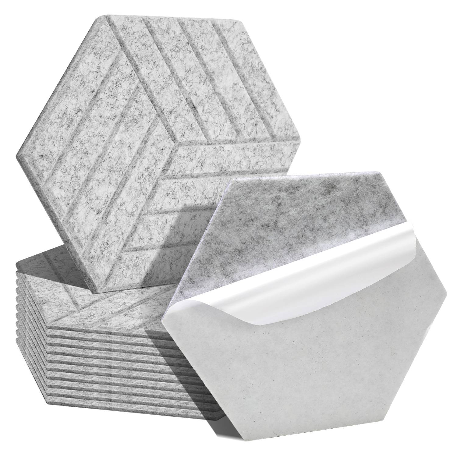 Akustikpaneele Filz Selbstklebend 12 Stück, Sechseck 15 cm Schallabsorber Wandpaneele 0,9 cm, Streifenmuster, Grau
