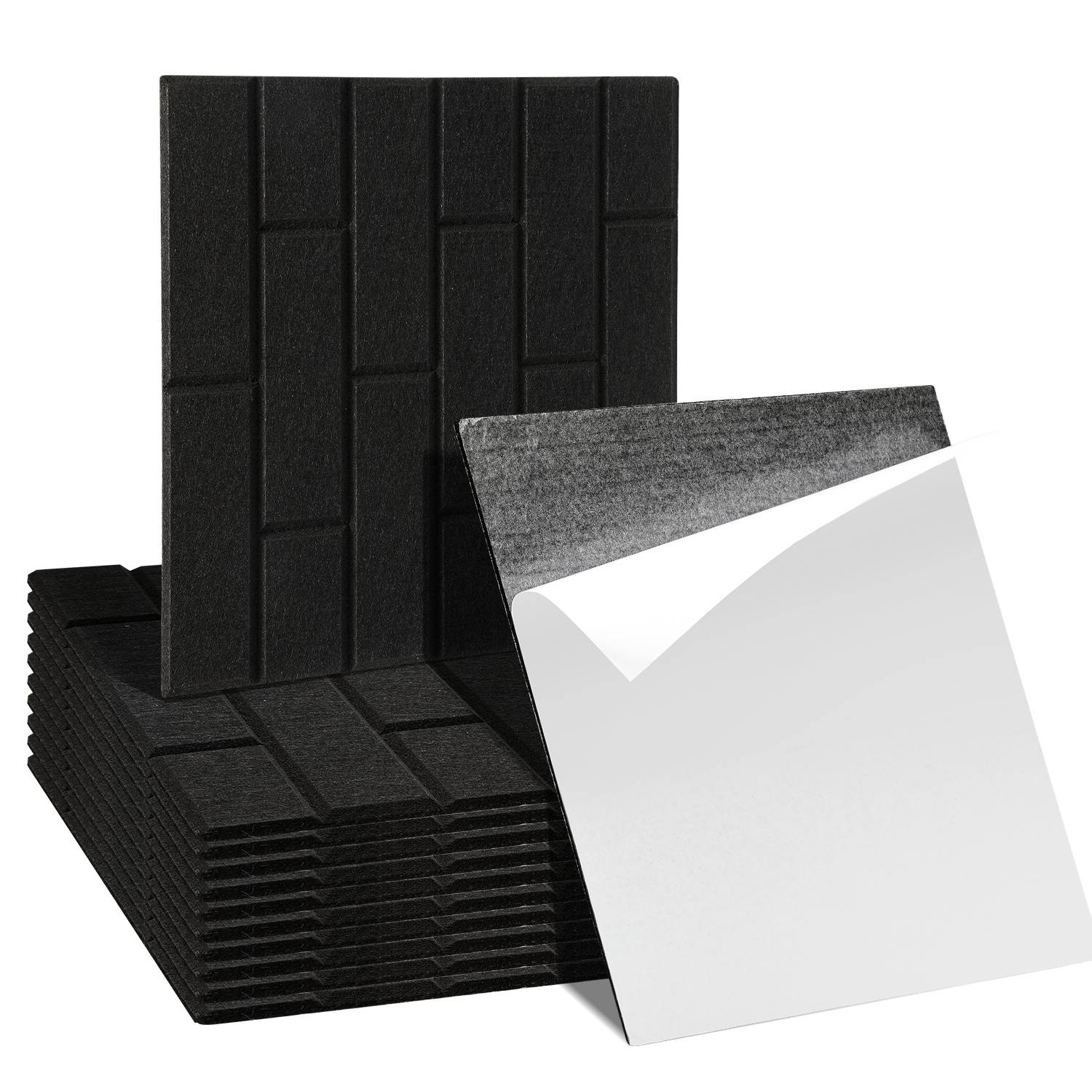 Akustikpaneele Filz Selbstklebend 12 Stück, 30 x 30 x 0,9 cm Schallabsorber Wandpaneele, Ziegeloptik, Schwarz