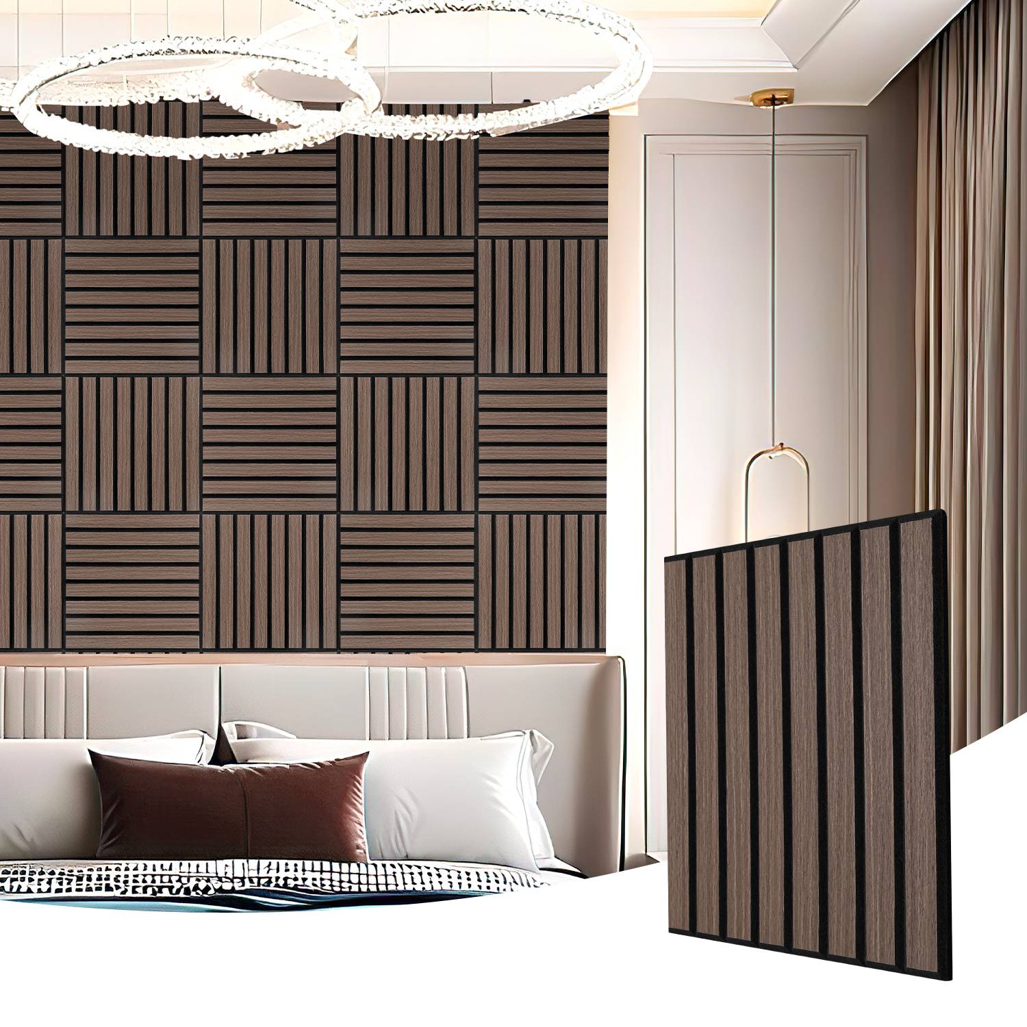12 Stück Akustikpaneele 30x30cm, Innendekoration Wandpaneele, Holzpaneele Wand, selbstklebend Schallschutzplatten, schwarze Walnuss Lamellenwand auf