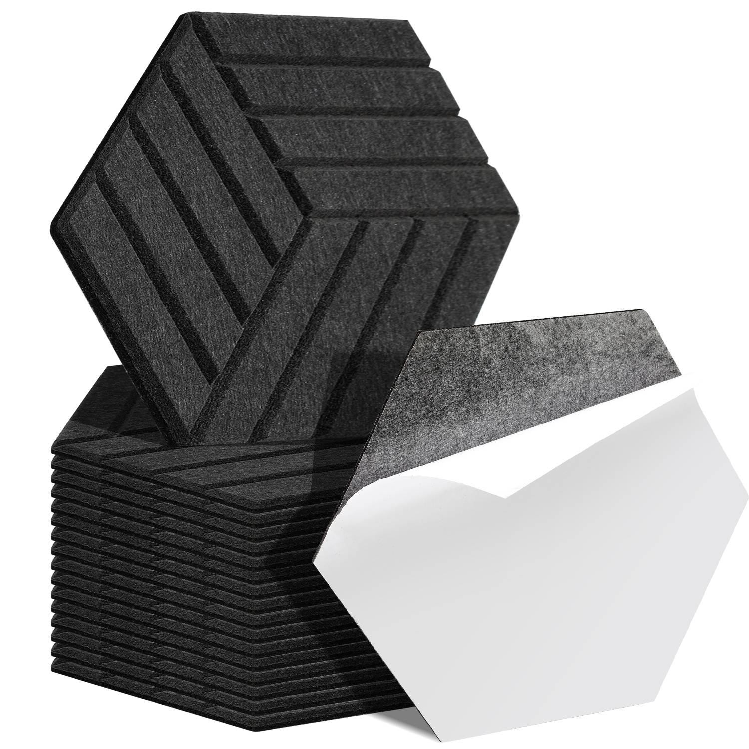 Akustikpaneele Filz Selbstklebend 18 Stück, Sechseck 15 cm Schallabsorber Wandpaneele 0,9 cm, Streifenmuster, Schwarz