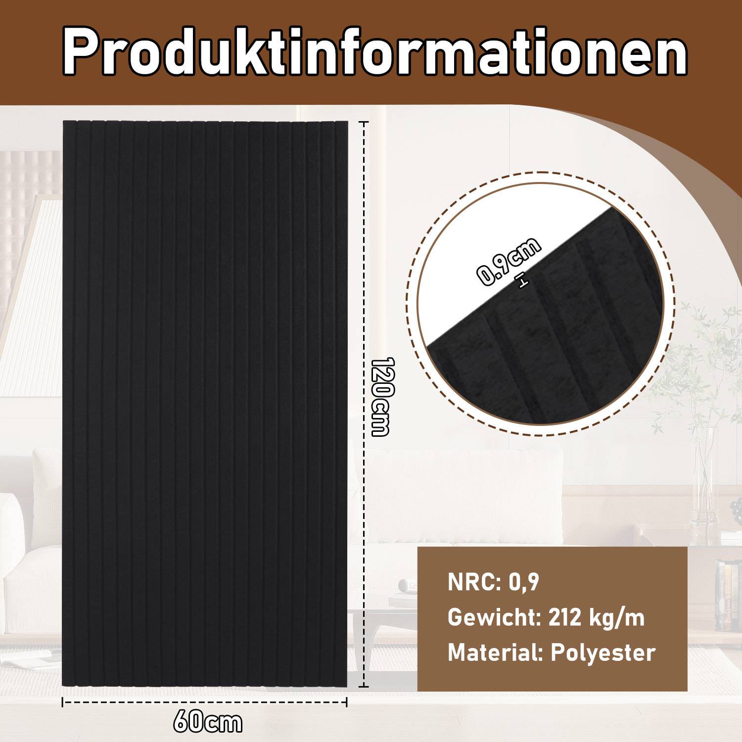 8 Stück Akustikplatten selbstklebend Schallschutzplatten Hohe Dichte Wandpaneel Vertikalstreifen Schwarz