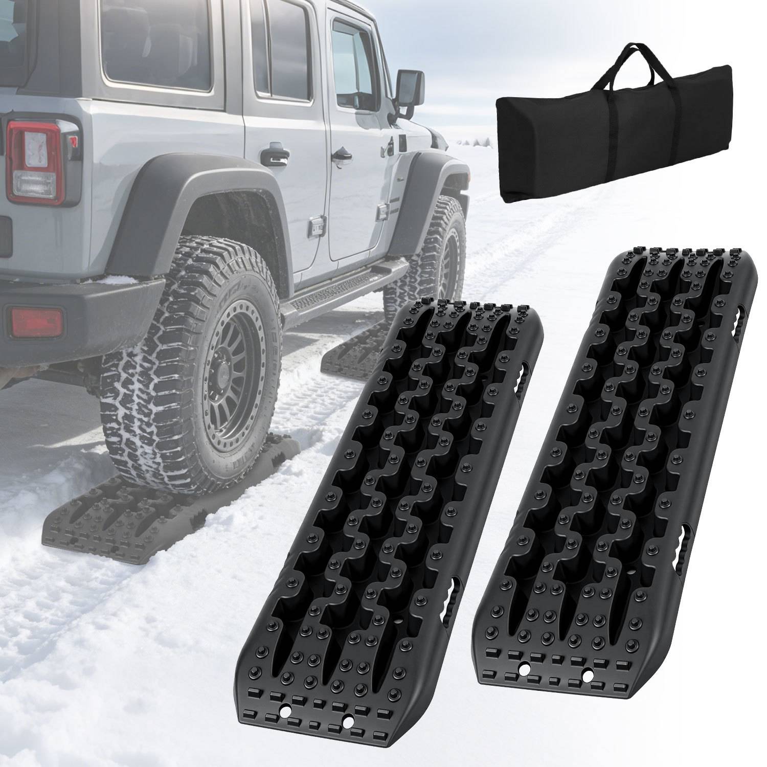 Anfahrhilfe Auto 2er Set, Traktionsmatten für Reifen, Offroad Bergeboards aus PP für SUV Wohnmobil LKW, Sand Schlamm Schnee, Schwarz mit Tragetasche