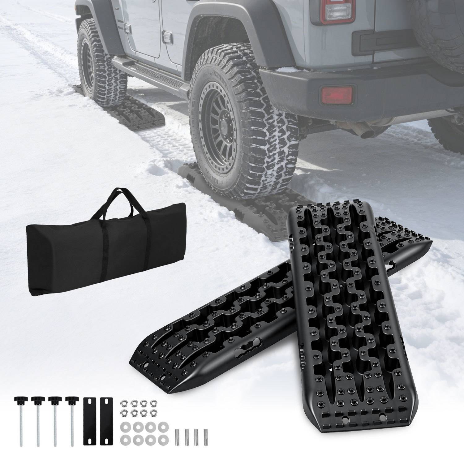 Anfahrhilfe Auto 2er Set mit Halterung und Tragetasche, Traktionsmatten für Reifen, Offroad Bergeboards aus PP für SUV Wohnmobil LKW, Sand Schlamm