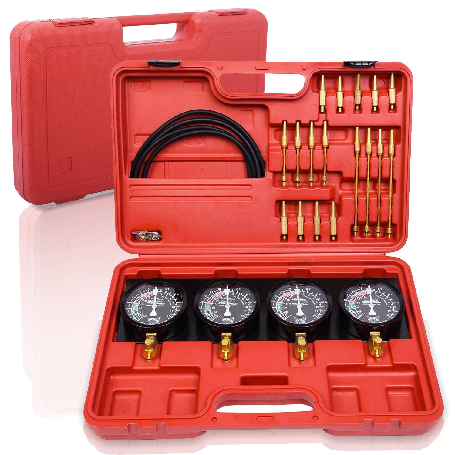 Synchron Vergaser Tester Set für Motorrad 4 Zylinder mit 4 Manometern Schläuchen Adaptern und Koffer für Werkstatt Profi Qualität