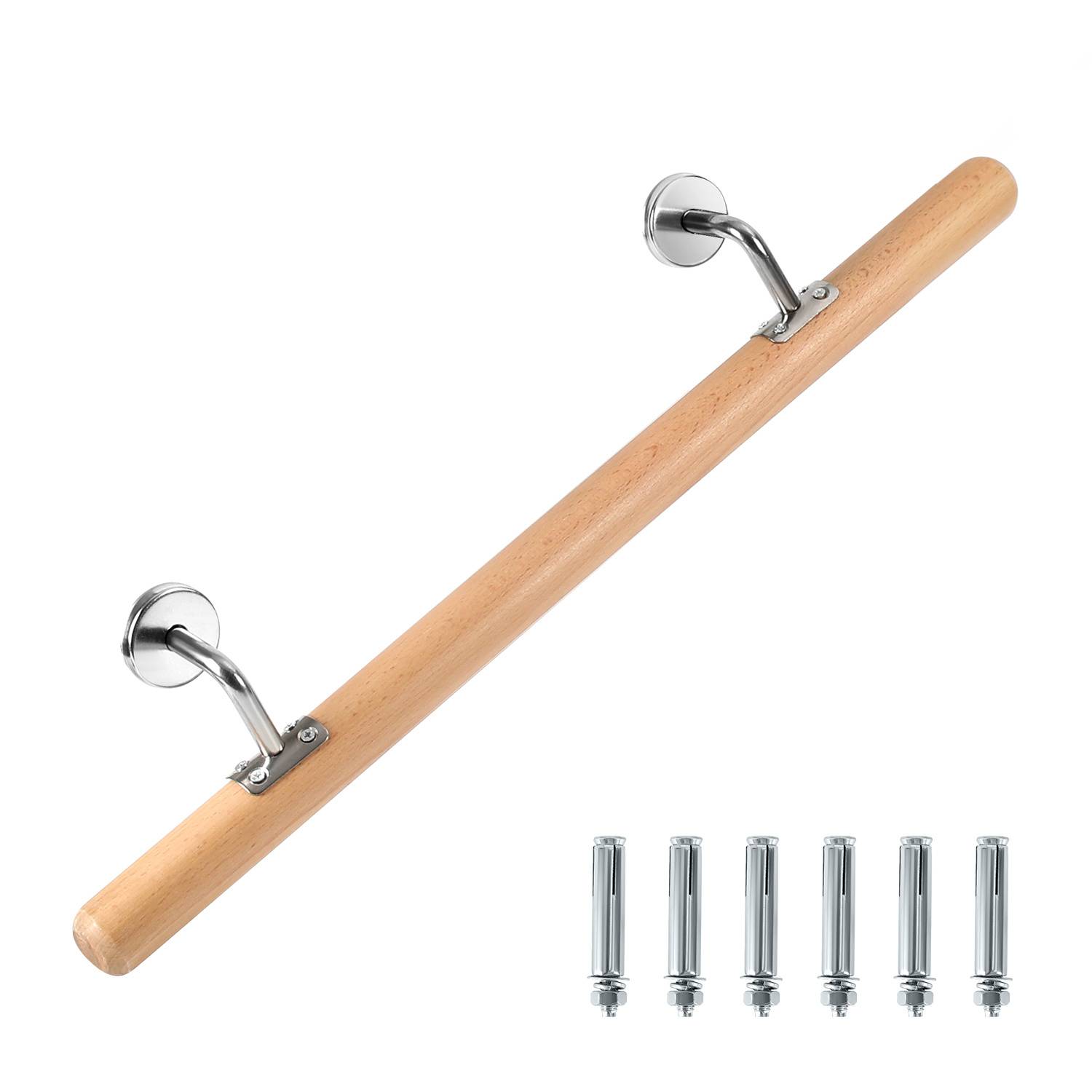 Buchenholz Handlauf 50 cm, Treppenhandlauf aus Massivholz mit Edelstahl-Wandhalter, Ø 4,2 cm, lackiert, für Treppe Flur Bad Gartenstufen