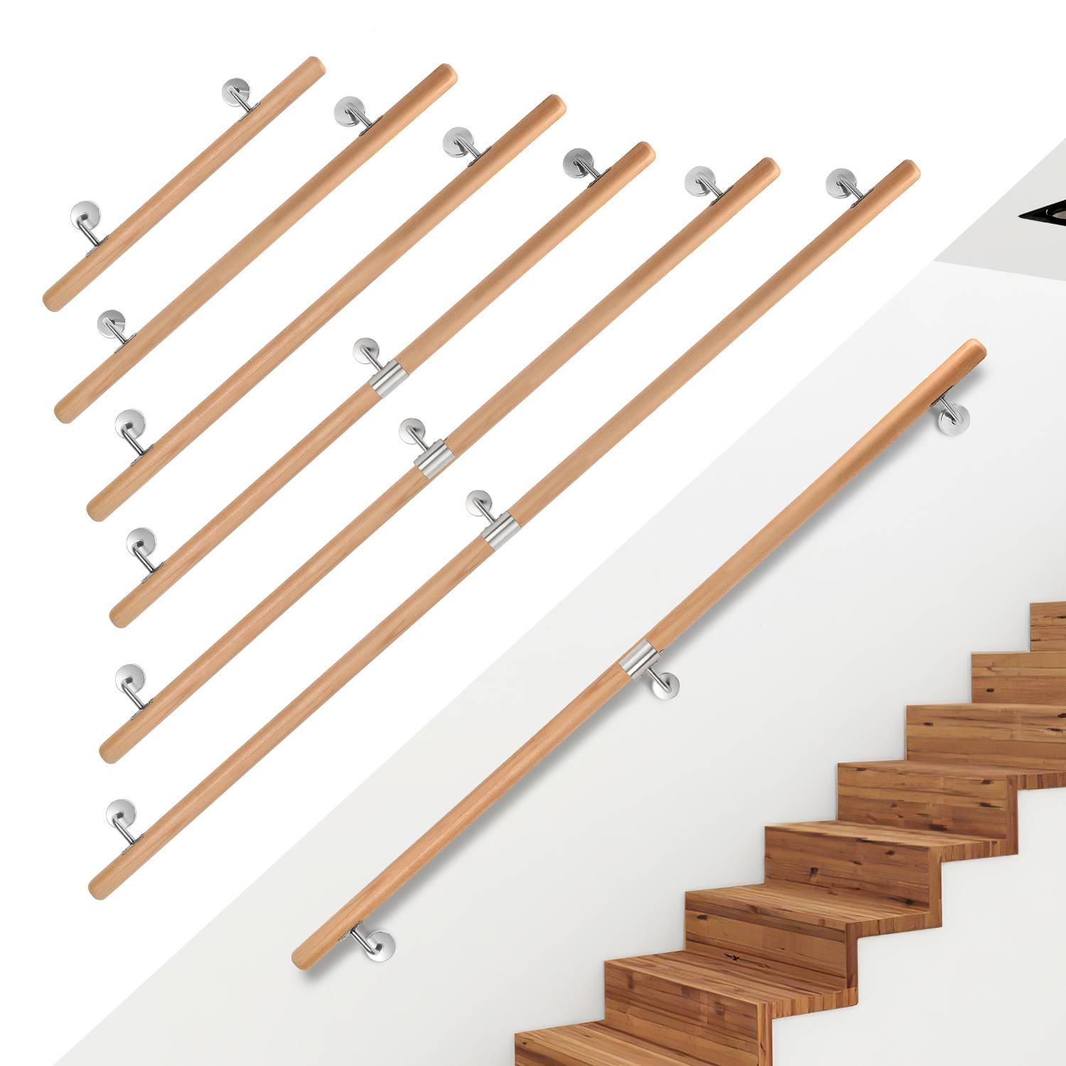 Buchenholz Handlauf 80 cm, Treppenhandlauf aus Massivholz mit Edelstahl-Wandhalter, Ø 4,2 cm, lackiert, für Treppe Flur Bad Gartenstufen