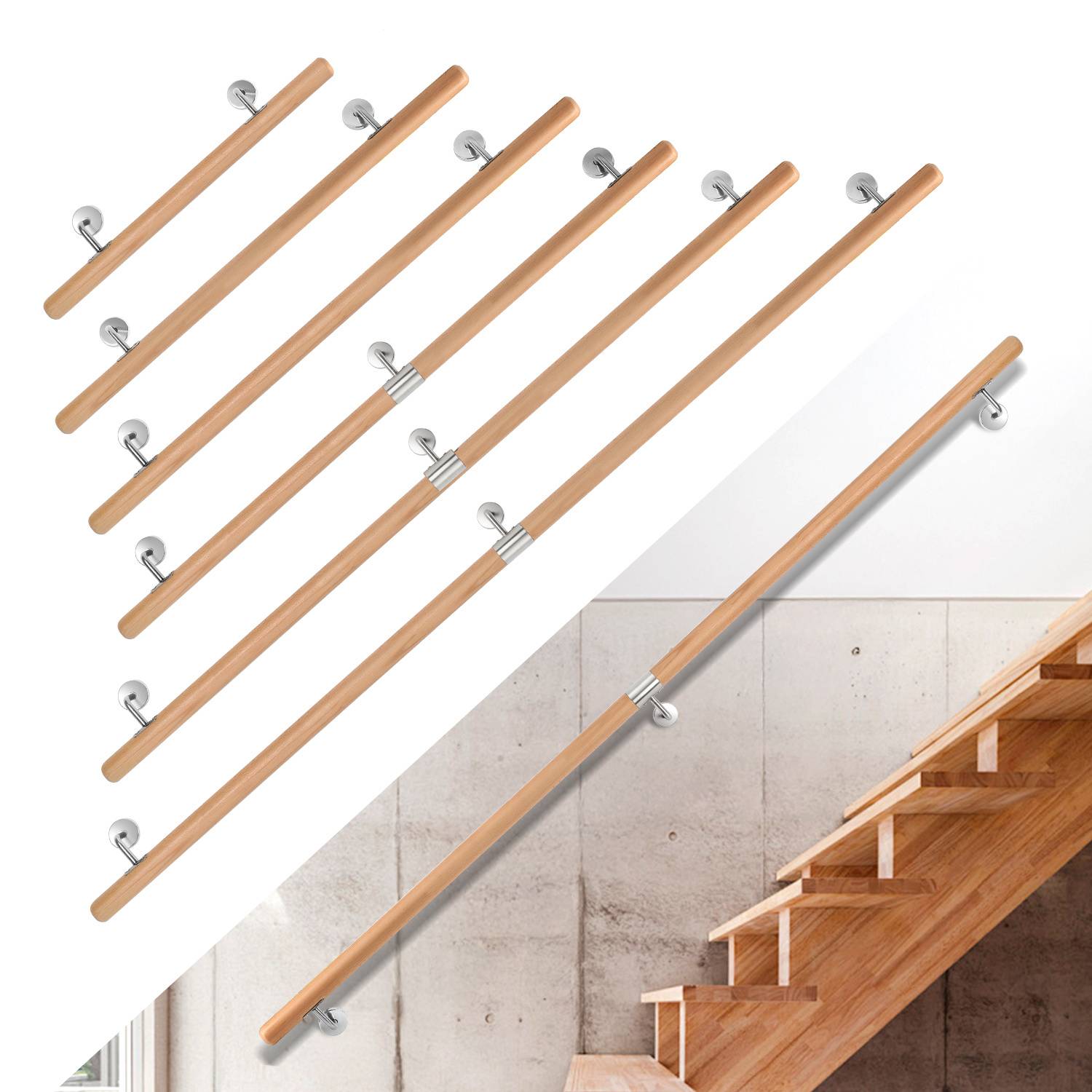 Buchenholz Handlauf 100 cm, Treppenhandlauf aus Massivholz mit Edelstahl-Wandhalter, Ø 4,2 cm, lackiert, für Treppe Flur Bad Gartenstufen