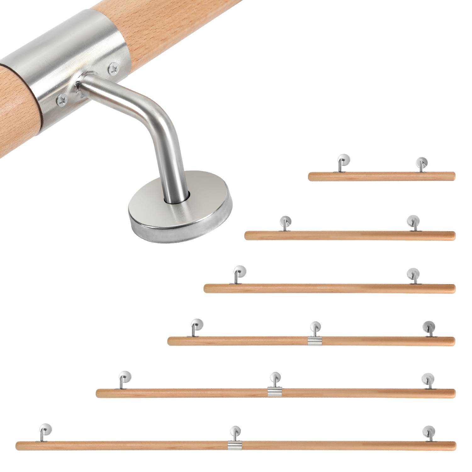 Buchenholz Handlauf 150 cm, 2-teilig, Treppenhandlauf aus Massivholz mit Edelstahl-Wandhalter, Ø 4,2 cm, lackiert, für Treppe Flur Bad Gartenstufen
