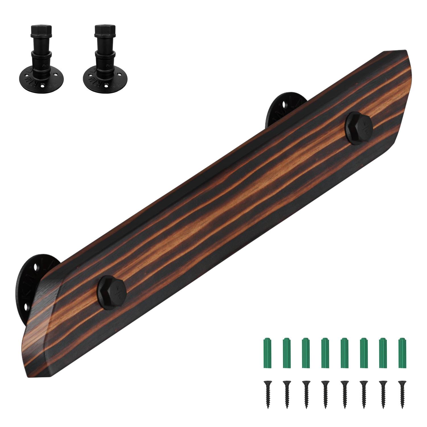 Wandhandlauf aus Kiefernholz 60 cm, braun mit Holzmaserung, Treppenhandlauf mit Eisenhalter, horizontal vertikal schräg montierbar