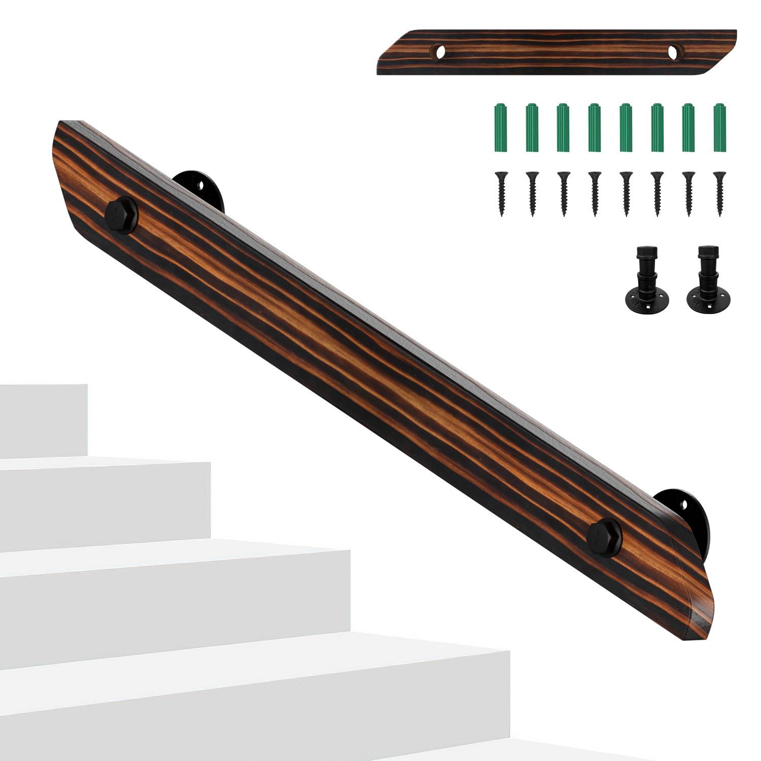 Wandhandlauf aus Kiefernholz 80 cm, braun mit Holzmaserung, Treppenhandlauf mit Eisenhalter, horizontal vertikal schräg montierbar