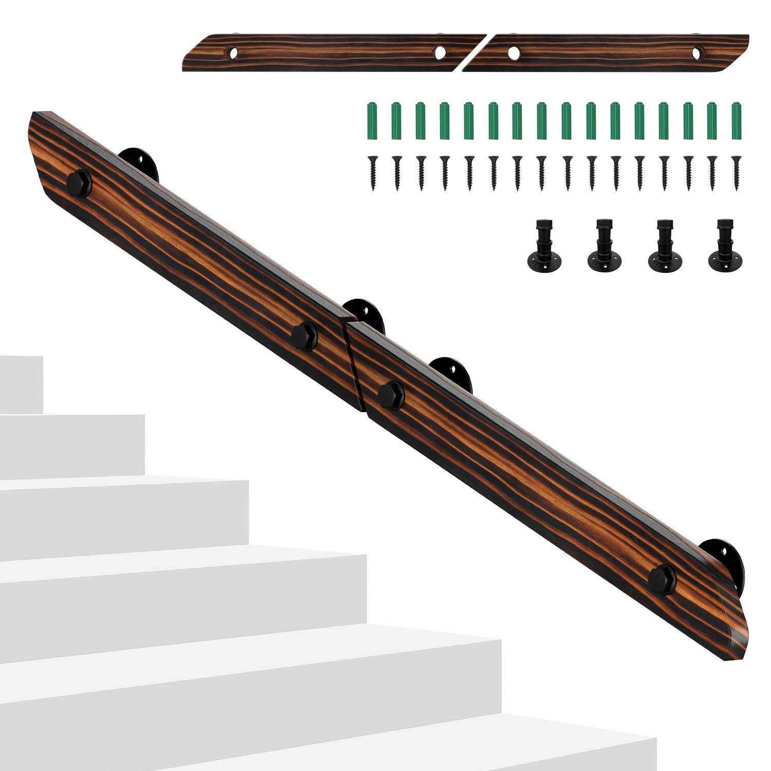 Wandhandlauf aus Kiefernholz 120 cm, verbindbare Ausführung zu einem Handlauf, braun mit Holzmaserung, mit Eisenhalter