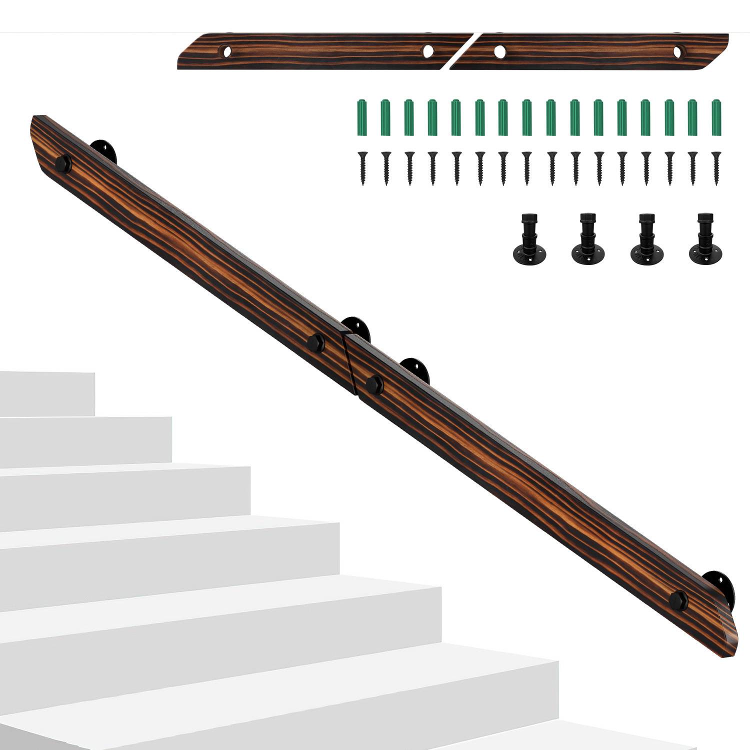 Wandhandlauf aus Kiefernholz 180 cm, verbindbare Ausführung zu einem Handlauf, braun mit Holzmaserung, mit Eisenhalter