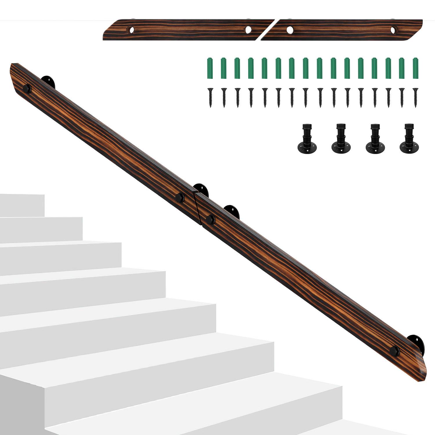 Wandhandlauf aus Kiefernholz 200 cm, verbindbare Ausführung zu einem Handlauf, braun mit Holzmaserung, mit Eisenhalter