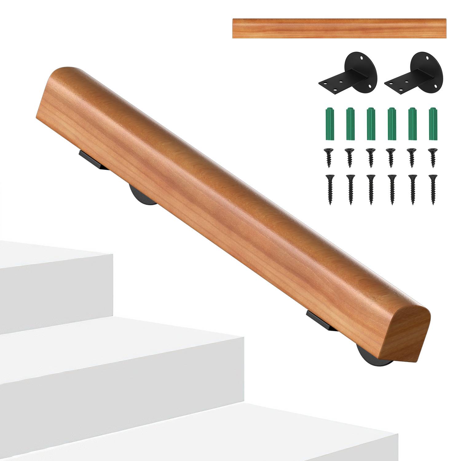 Wandhandlauf aus massivem Kiefernholz 50 cm, Ø5 cm, rutschhemmender Holzhandlauf für Treppe Flur Bad, inkl. Montagezubehör
