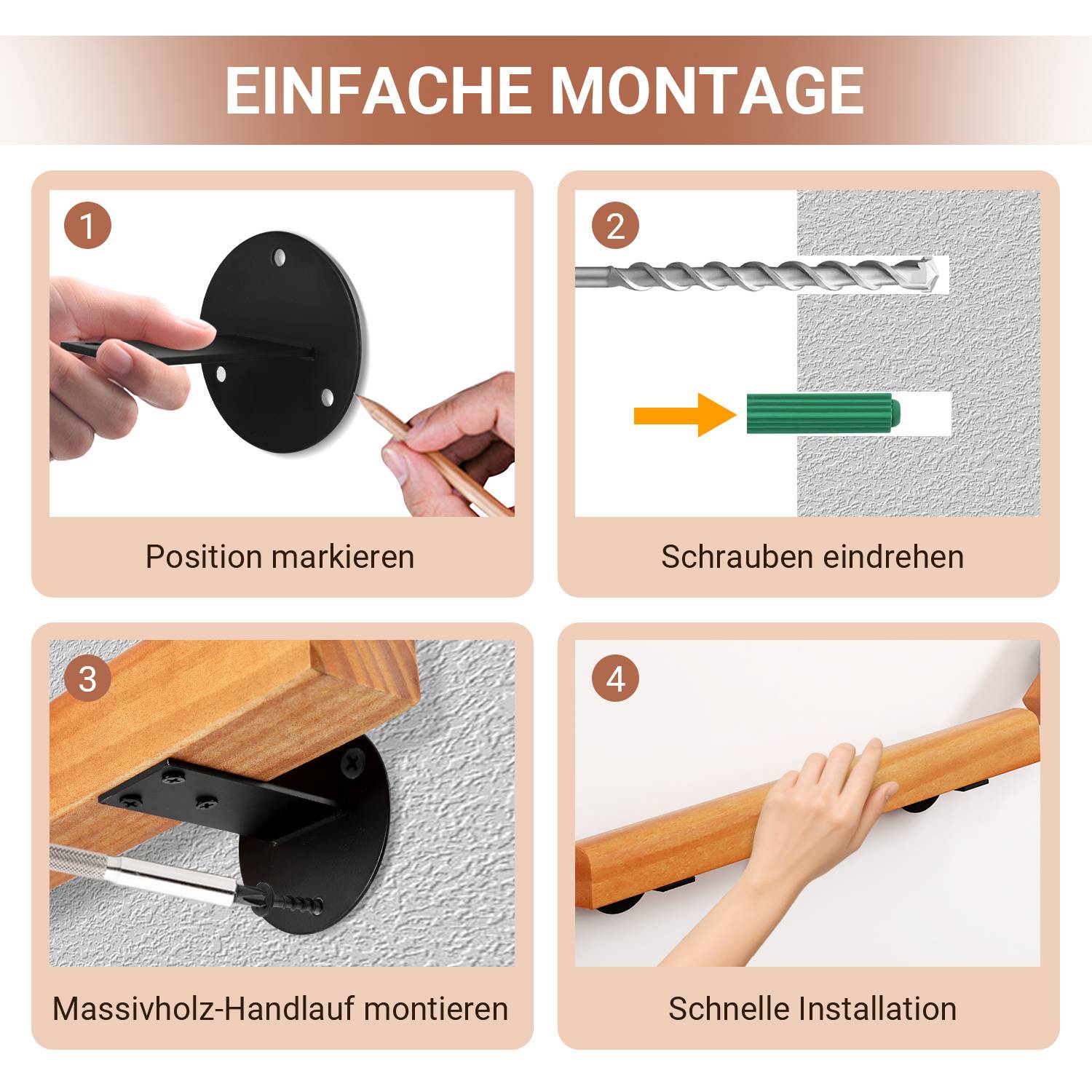 Wandhandlauf Kiefernholz 200 cm, Ø5 cm, verbindbar zu einem Handlauf, rutschhemmender Treppenhandlauf für Flur Bad