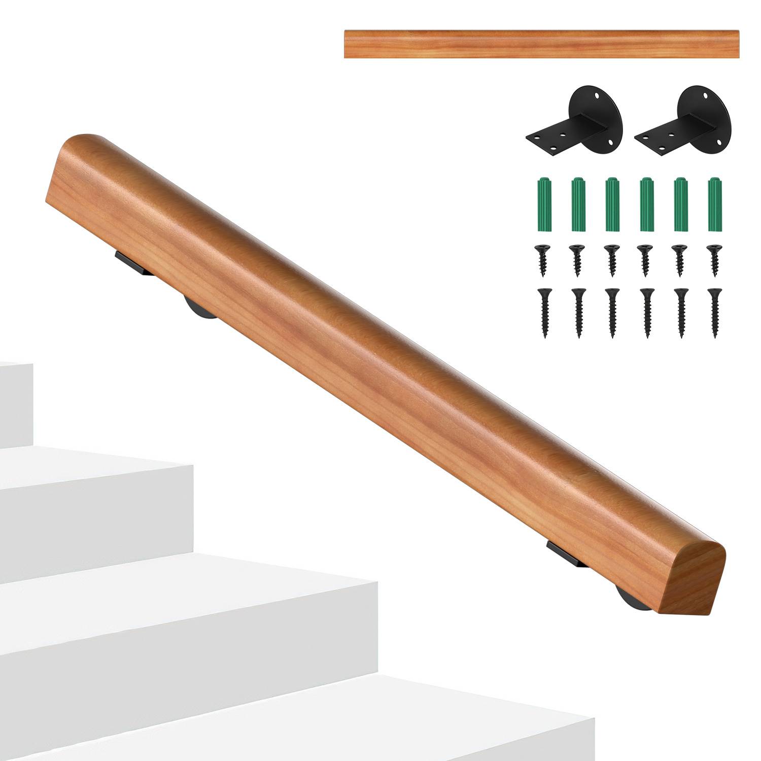 Wandhandlauf aus massivem Kiefernholz 80 cm, Ø5 cm, rutschhemmender Holzhandlauf für Treppe Flur Bad, inkl. Montagezubehör