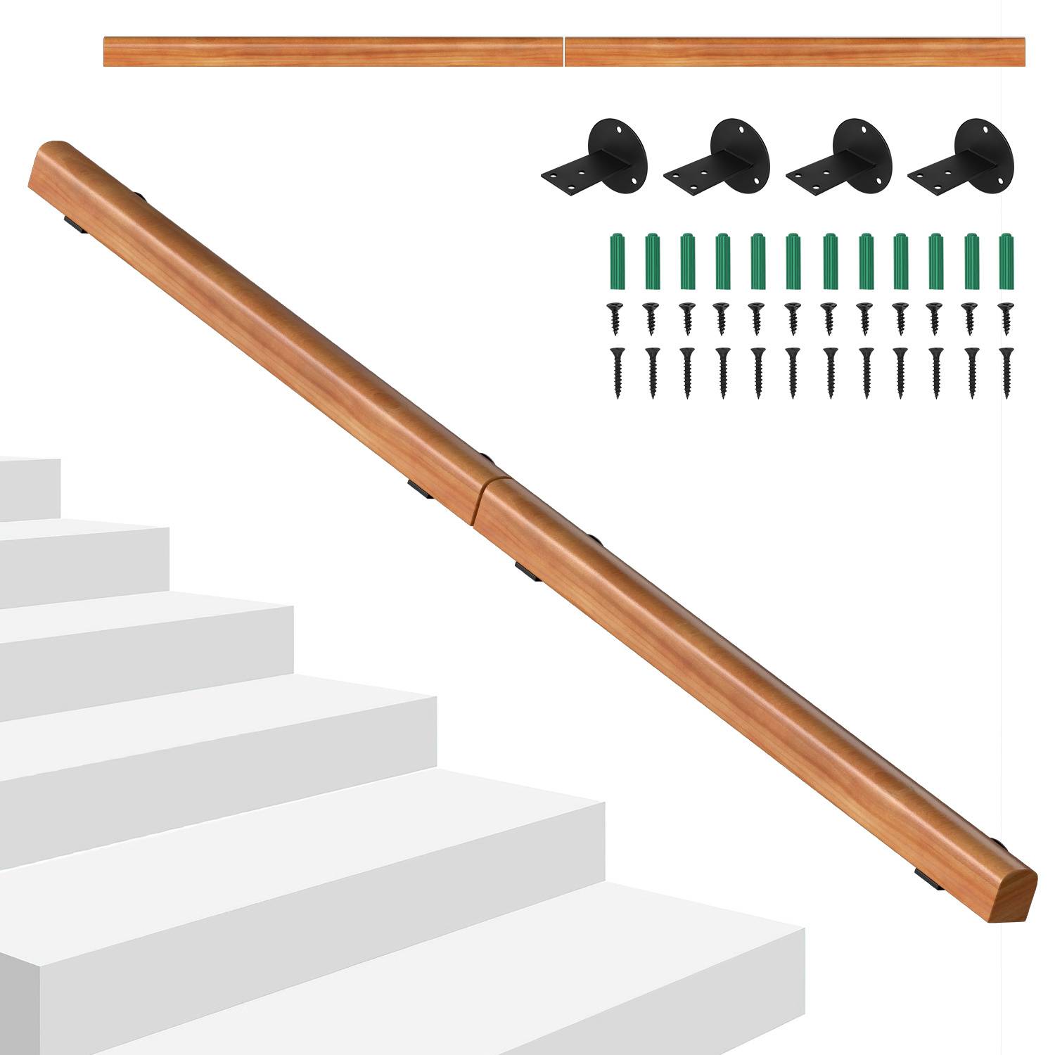 Wandhandlauf Kiefernholz 180 cm, Ø5 cm, verbindbar zu einem Handlauf, rutschhemmender Treppenhandlauf für Flur Bad