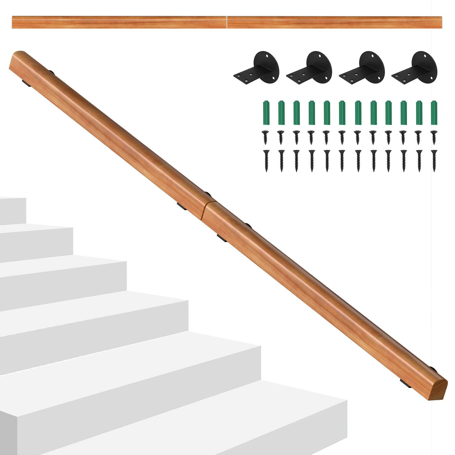 Wandhandlauf Kiefernholz 200 cm, Ø5 cm, verbindbar zu einem Handlauf, rutschhemmender Treppenhandlauf für Flur Bad