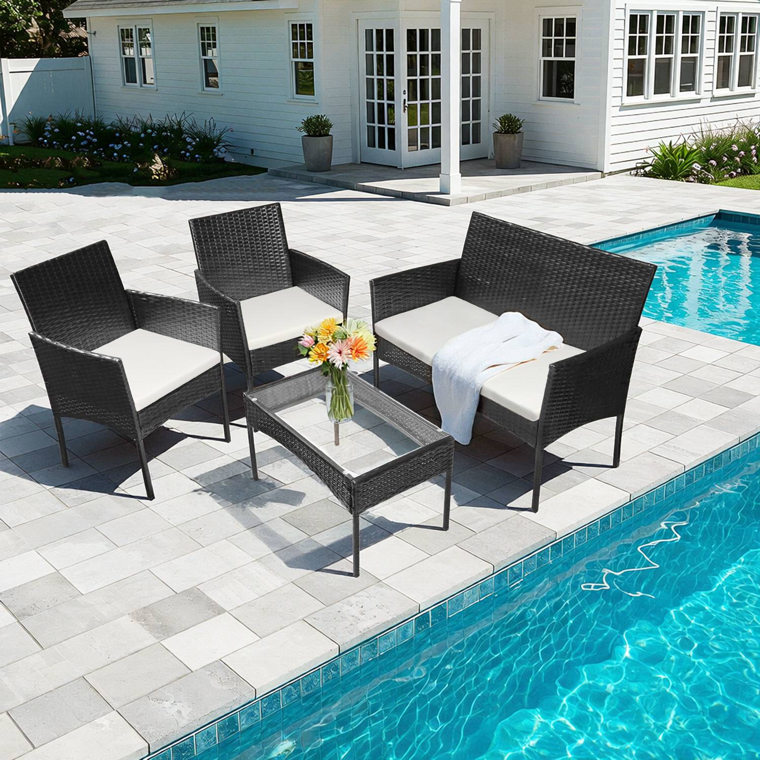Gartenmöbel Set 4-teilig Polyrattan Sitzgruppe mit 2 Sesseln, 2-Sitzer Sofa und Glastisch, Schwarz