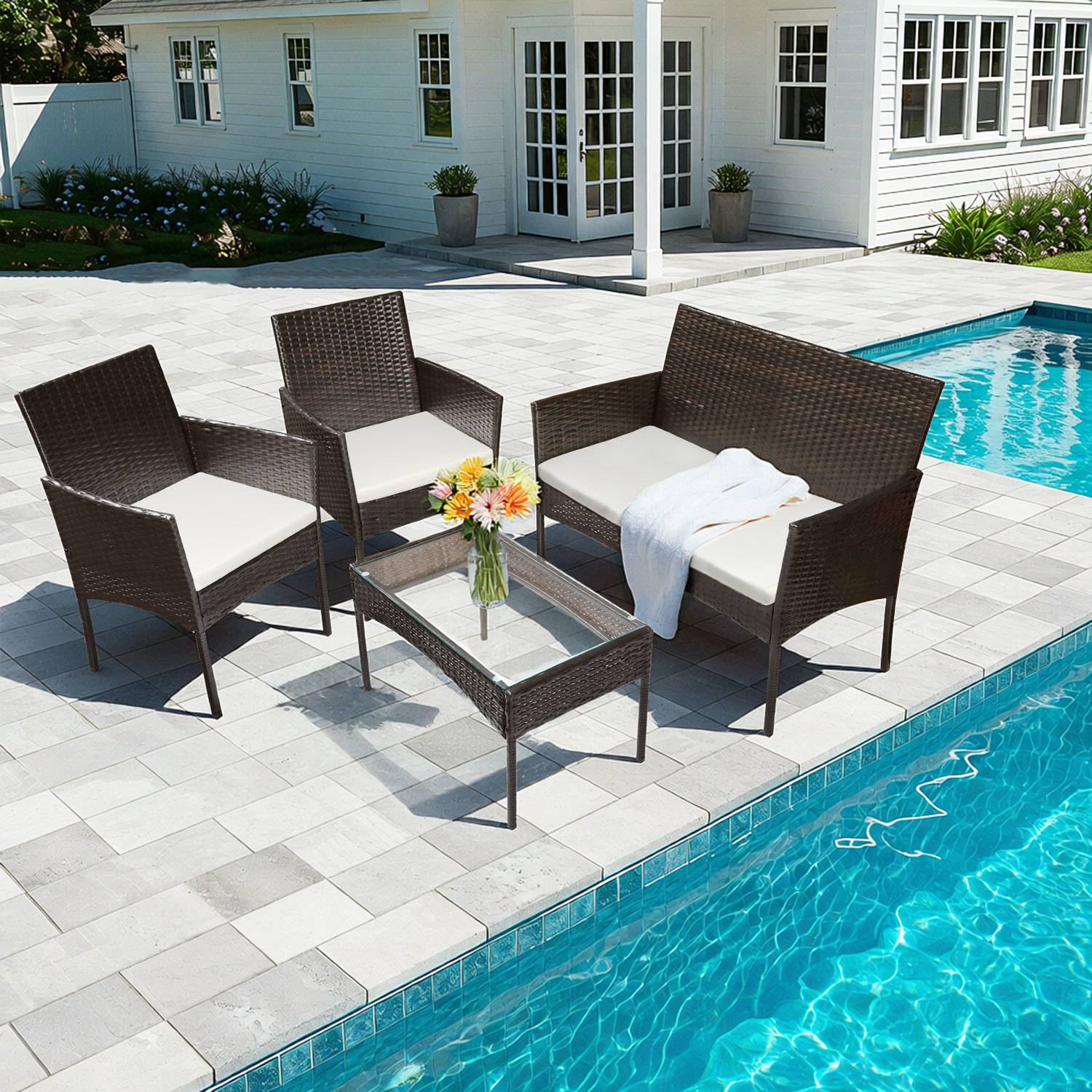 Gartenmöbel Set 4-teilig Polyrattan Sitzgruppe mit 2 Sesseln, 2-Sitzer Sofa und Glastisch, Braun