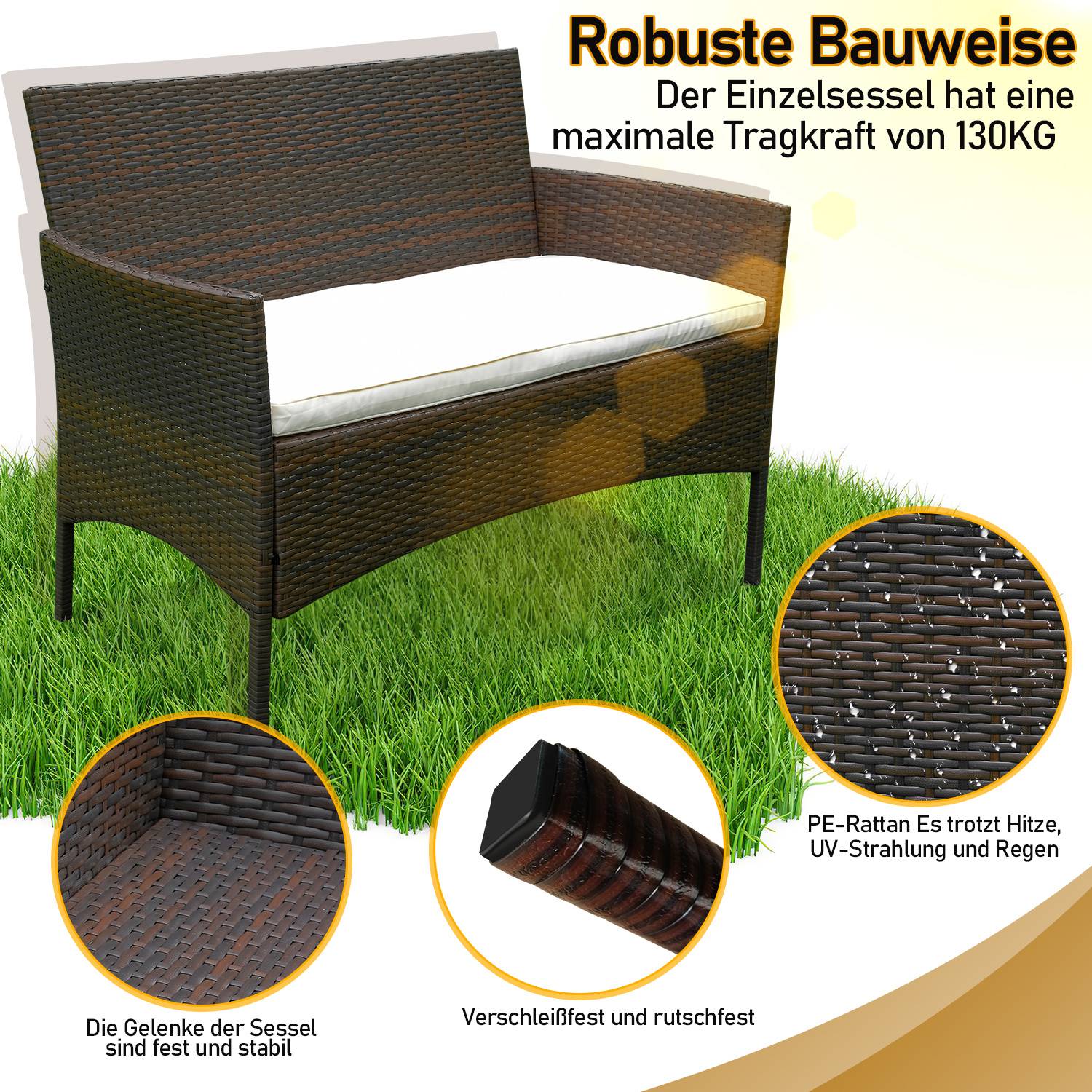 Gartenmöbel Set 4-teilig Polyrattan Sitzgruppe mit 2 Sesseln, 2-Sitzer Sofa und Glastisch, Braun