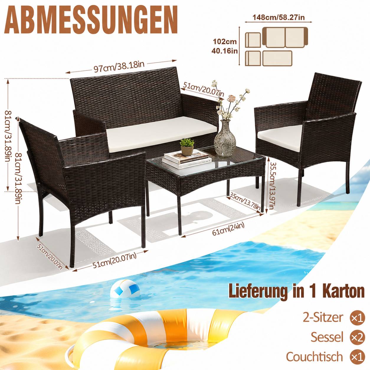 Gartenmöbel Set 4-teilig Polyrattan Sitzgruppe mit 2 Sesseln, 2-Sitzer Sofa und Glastisch, Braun